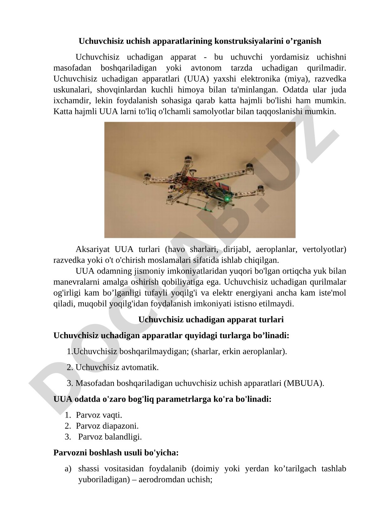Uchuvchisiz uchish apparatlarining konstruksiyalarini o'rganish
