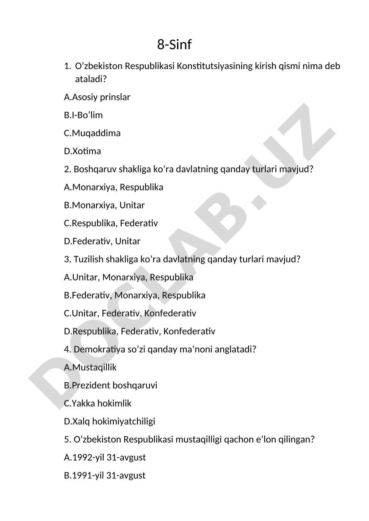O'zbekiston Respublikasi Konstitutsiyasi va davlat asoslari bo'yicha test savollari