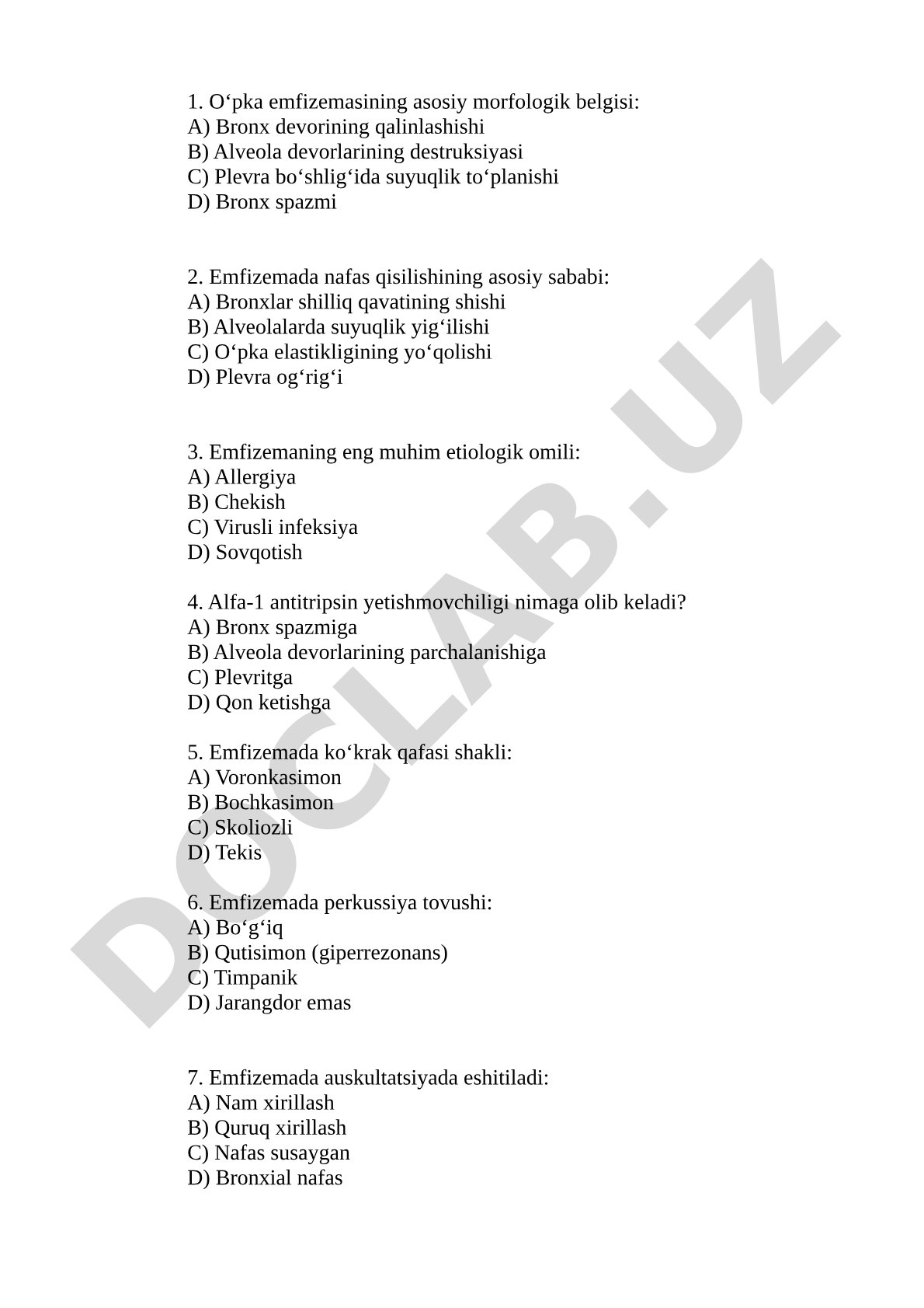 O'pka emfizemasi test savollari