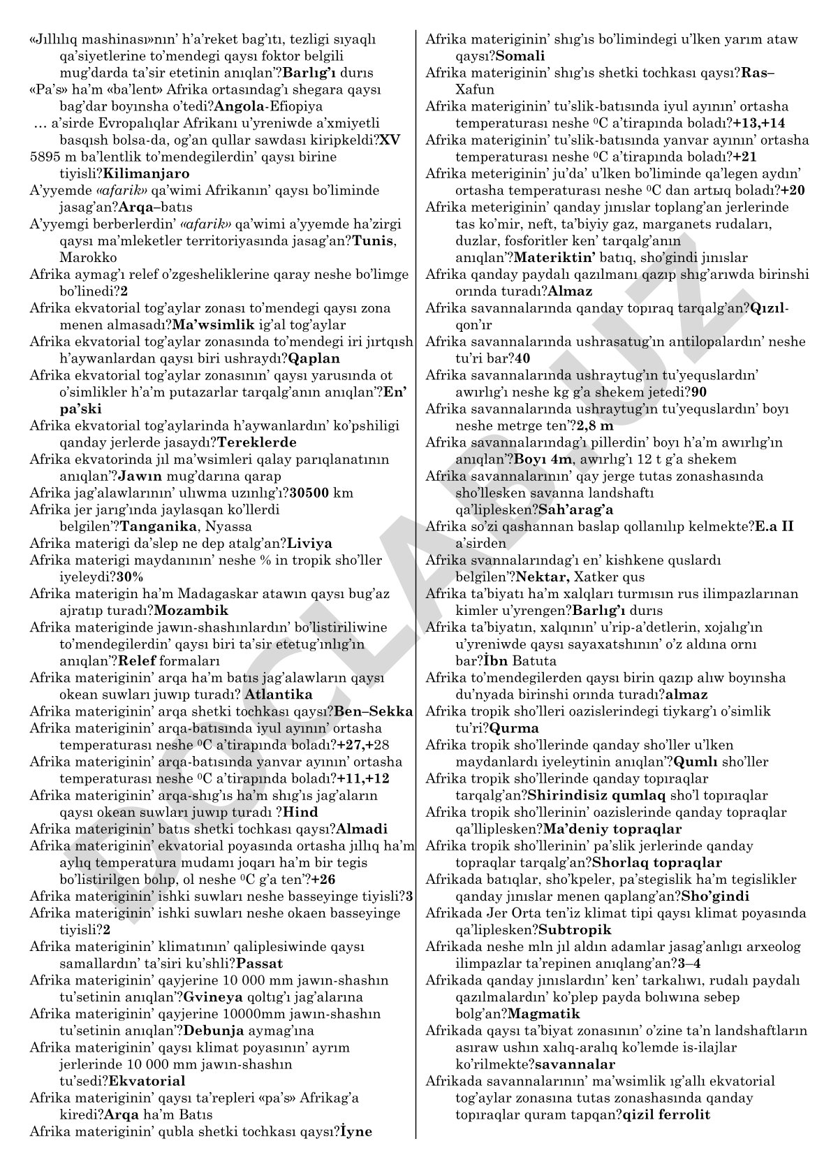 Afrika geografiyası boyınsha test sorawları