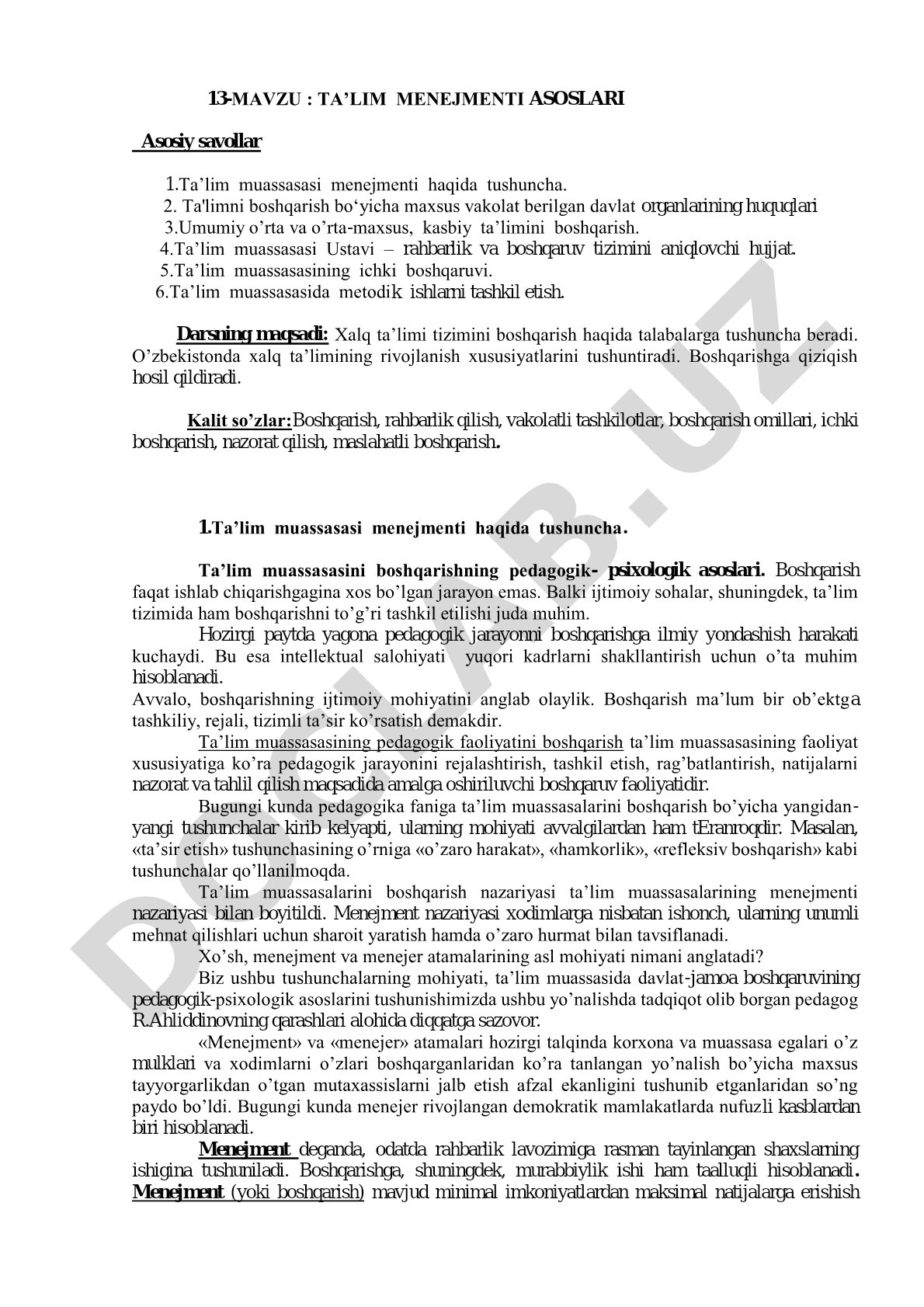 Ta'lim muassasasi menejmenti, boshqaruv organlari, ichki boshqaruv va metodik ishlar