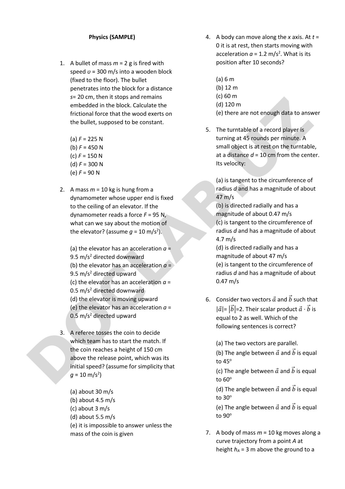 Physics multiple choice questions