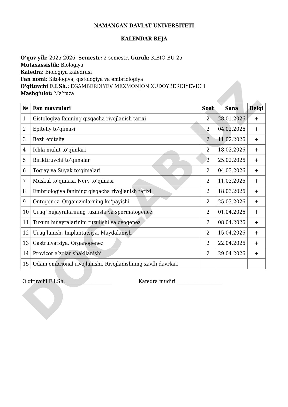 Sitologiya, gistologiya va embriologiya fanidan kalendar reja