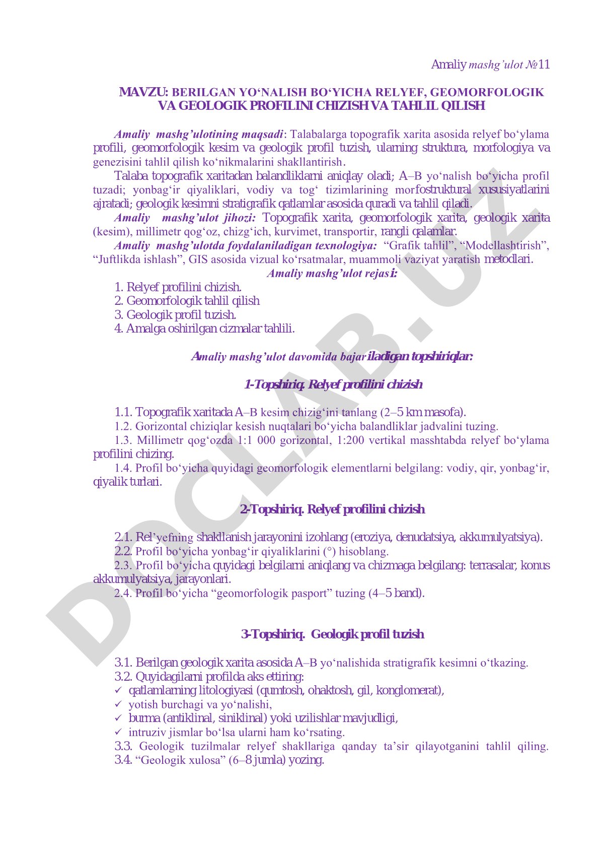 Berilgan yo‘nalish bo‘yicha relyef, geomorfologik va geologik profilini chizish va tahlil qilish