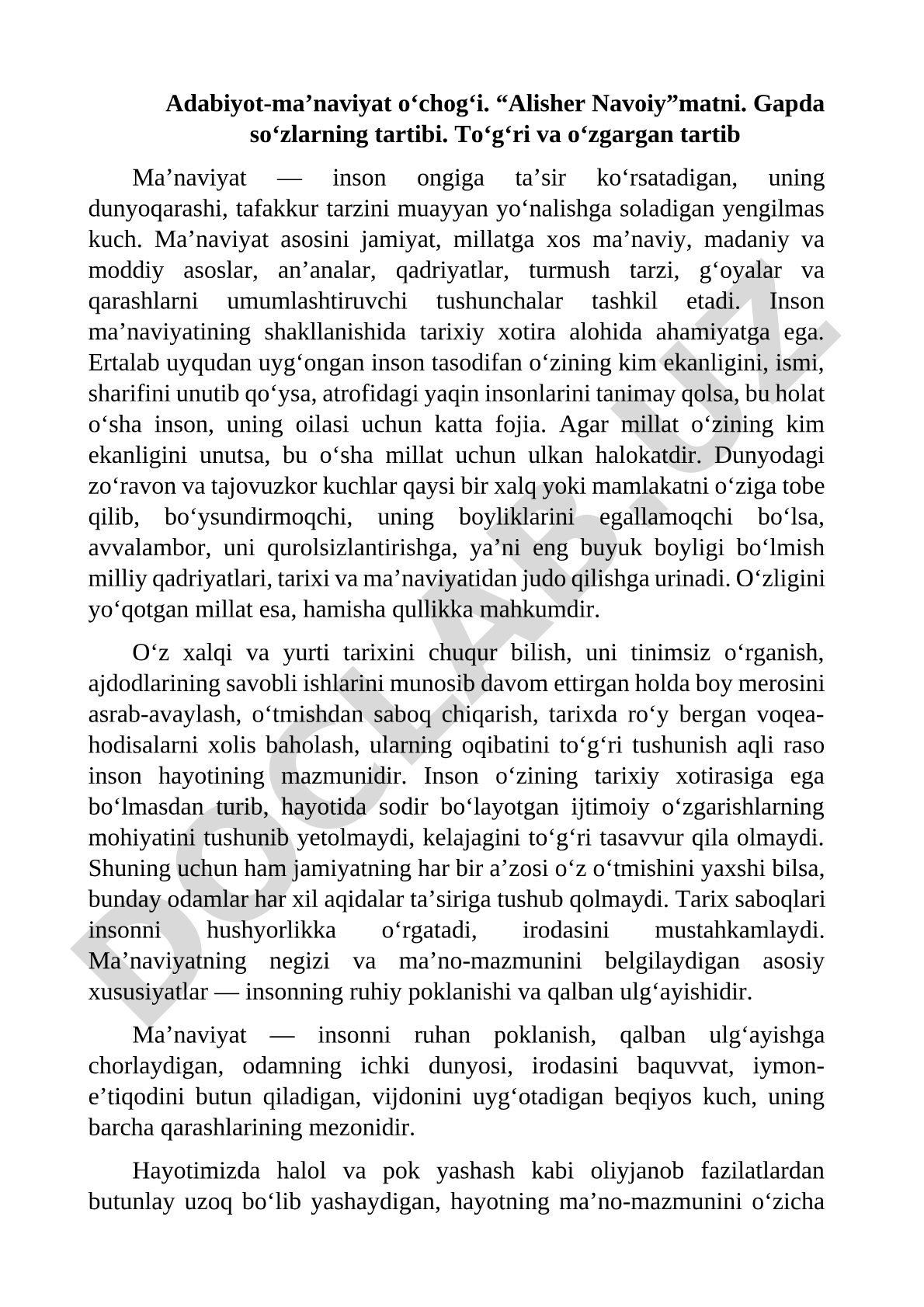 Alisher Navoiy matni asosida gapda so‘zlarning tartibi