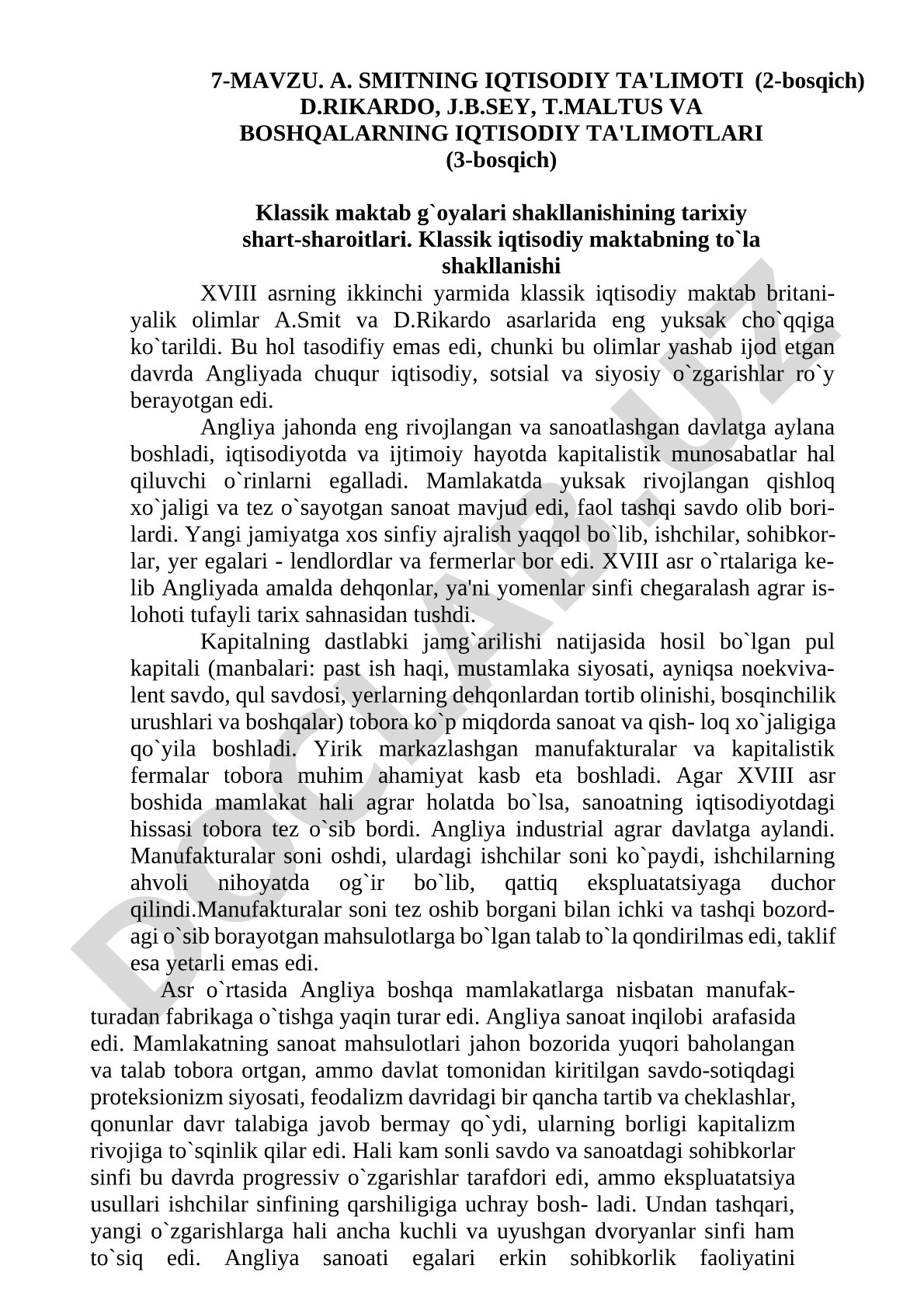 A.Smit, D.Rikardo, J.B.Sey va T.Maltusning iqtisodiy ta'limotlari