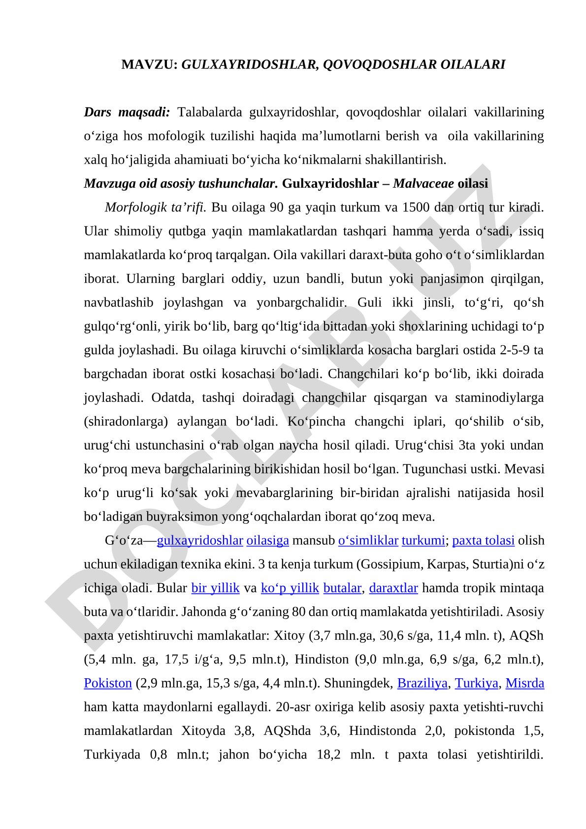 Gulxayridoshlar va qovoqdoshlar oilalarining morfologik tuzilishi va xalq xo'jaligidagi