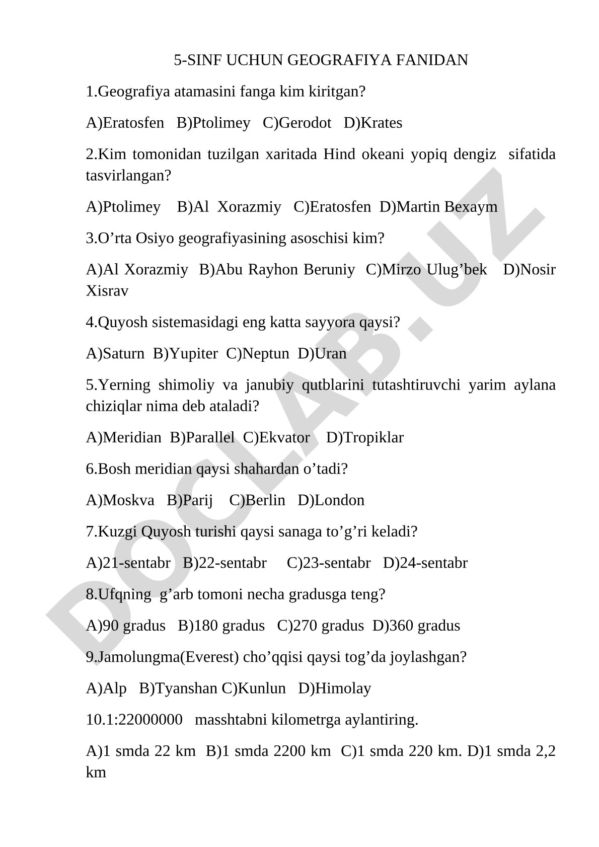 5-sinf uchun geografiya fanidan
