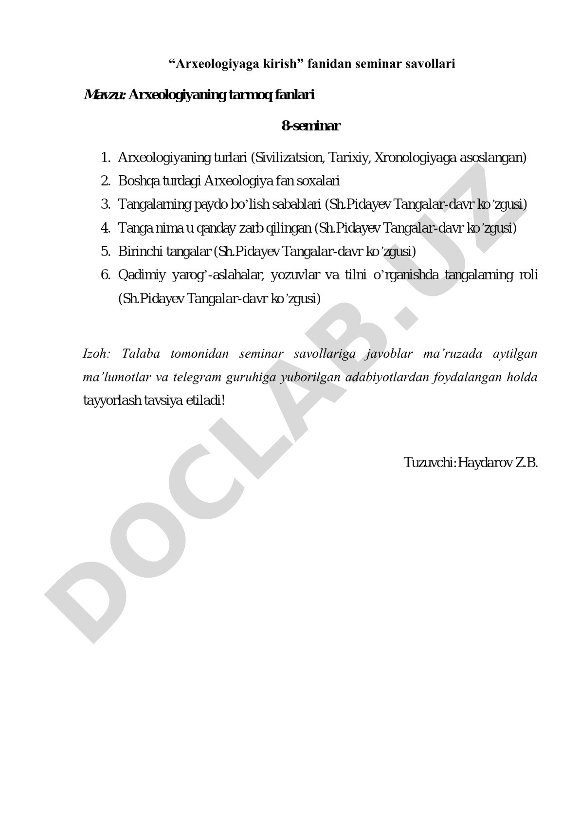 Arxeologiya fanining tarmoqlari, tangalar tarixi va ularning o'rganilishi haqida seminar
