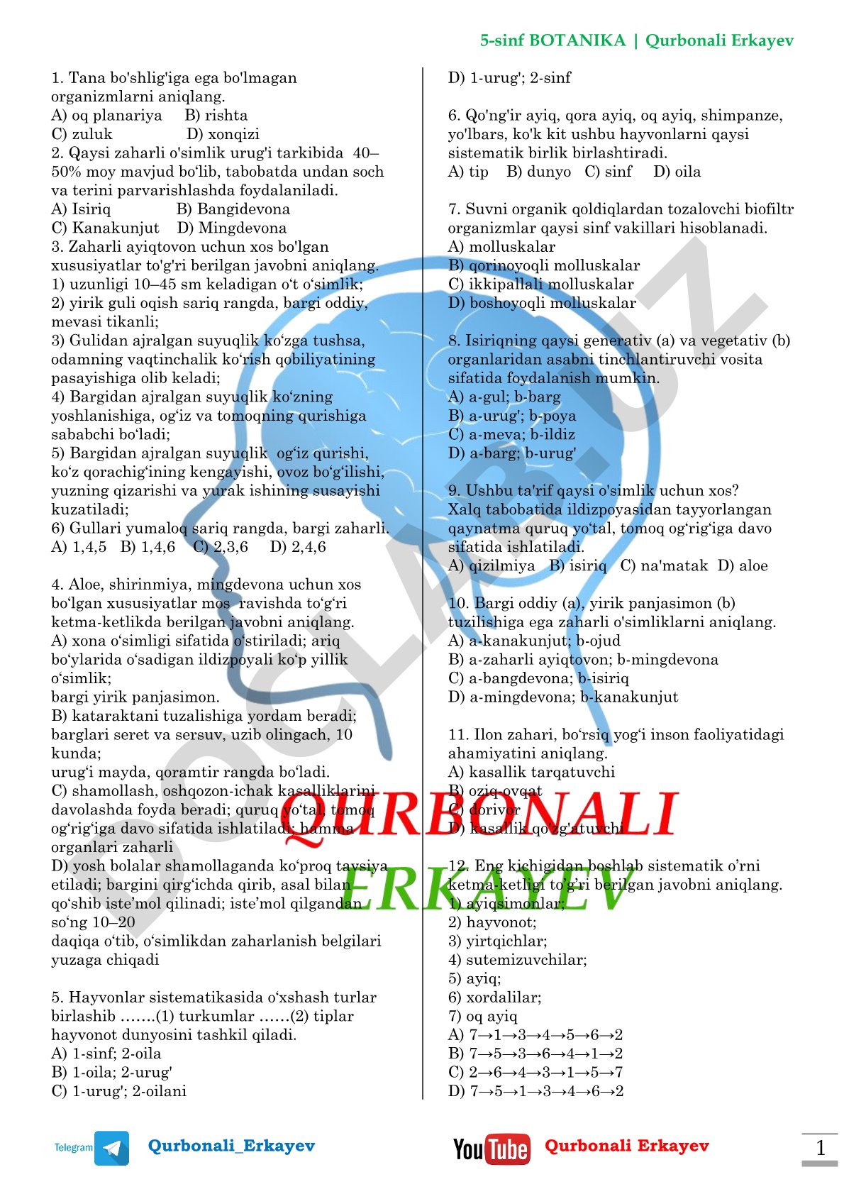 5-sinf botanika fanidan test savollari