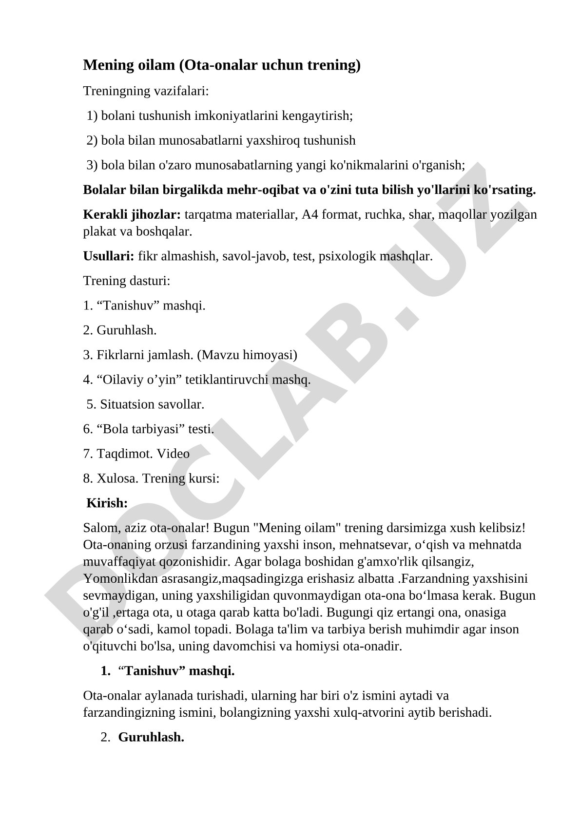 Mening oilam (Ota-onalar uchun trening)