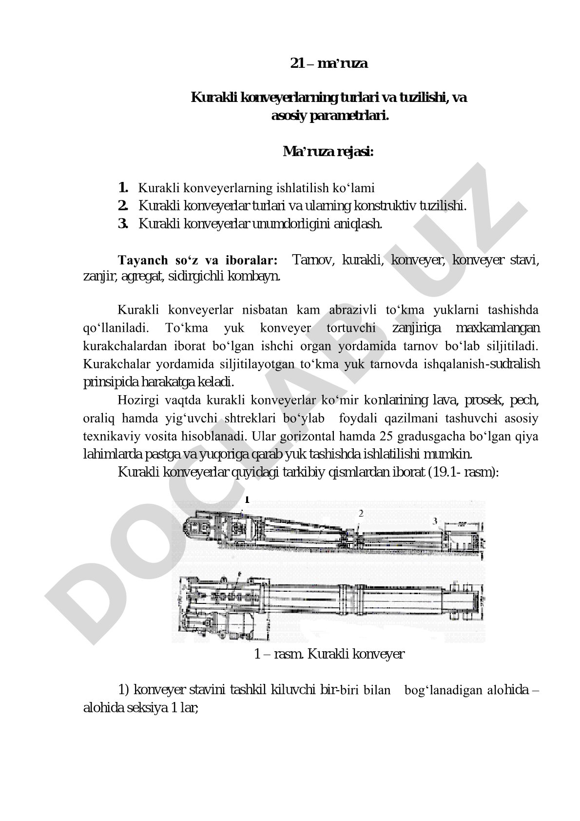 Kurakli konveyerlarning turlari va tuzilishi, va asosiy parametrlari