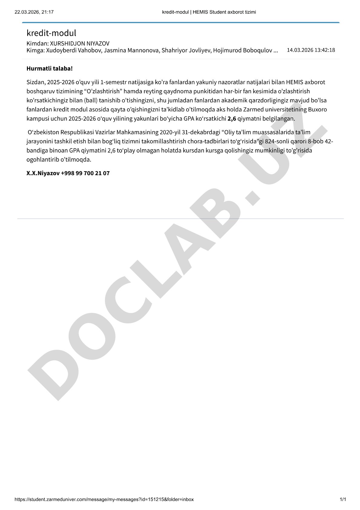GPA 2,6 talabi va akademik qarzdorlik haqida ogohlantirish