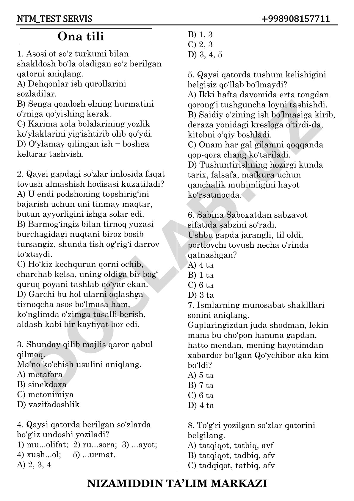 Ona tili test savollari