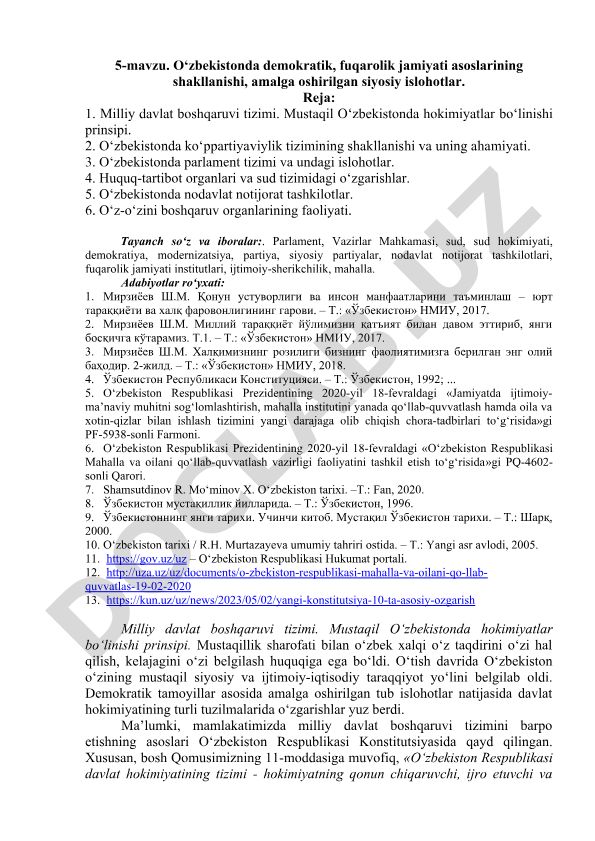 O‘zbekistonda demokratik, fuqarolik jamiyati asoslarining shakllanishi va siyosiy islohotlar