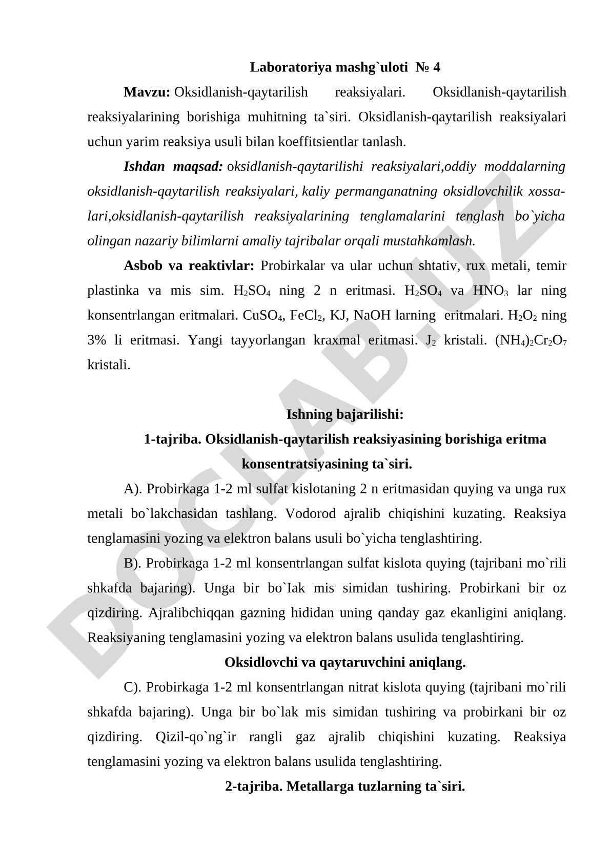 Oksidlanish-qaytarilish reaksiyalari. Oksidlanish-qaytarilish reaksiyalarining borishiga muhitning ta`siri. Oksidlanish-qaytarilish reaksiyalari uchun yarim reaksiya usuli bilan koeffitsientlar tanlash.