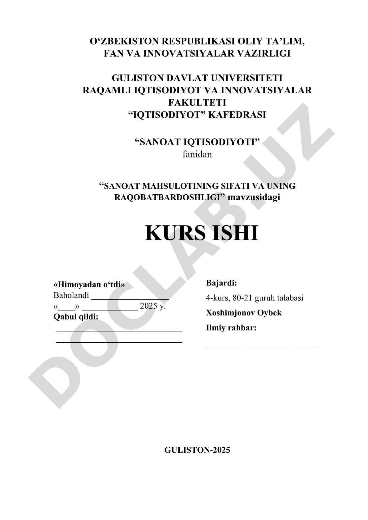 SANOAT MAHSULOTINING SIFATI VA UNING RAQOBATBARDOSHLIGIGA TA’SIRI