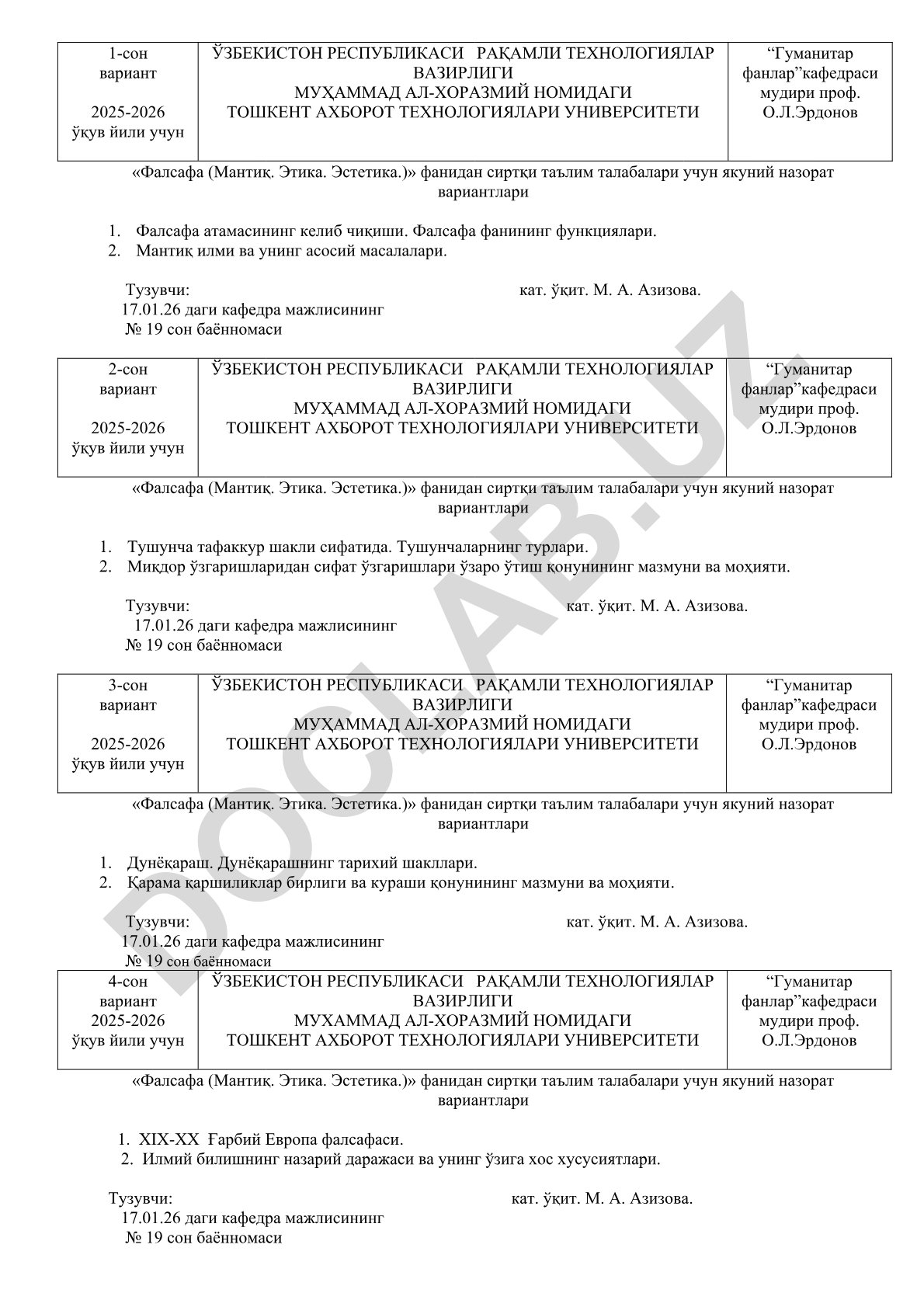 Фалсафа (Мантиқ. Этика. Эстетика.) фанидан якуний назорат вариантлари