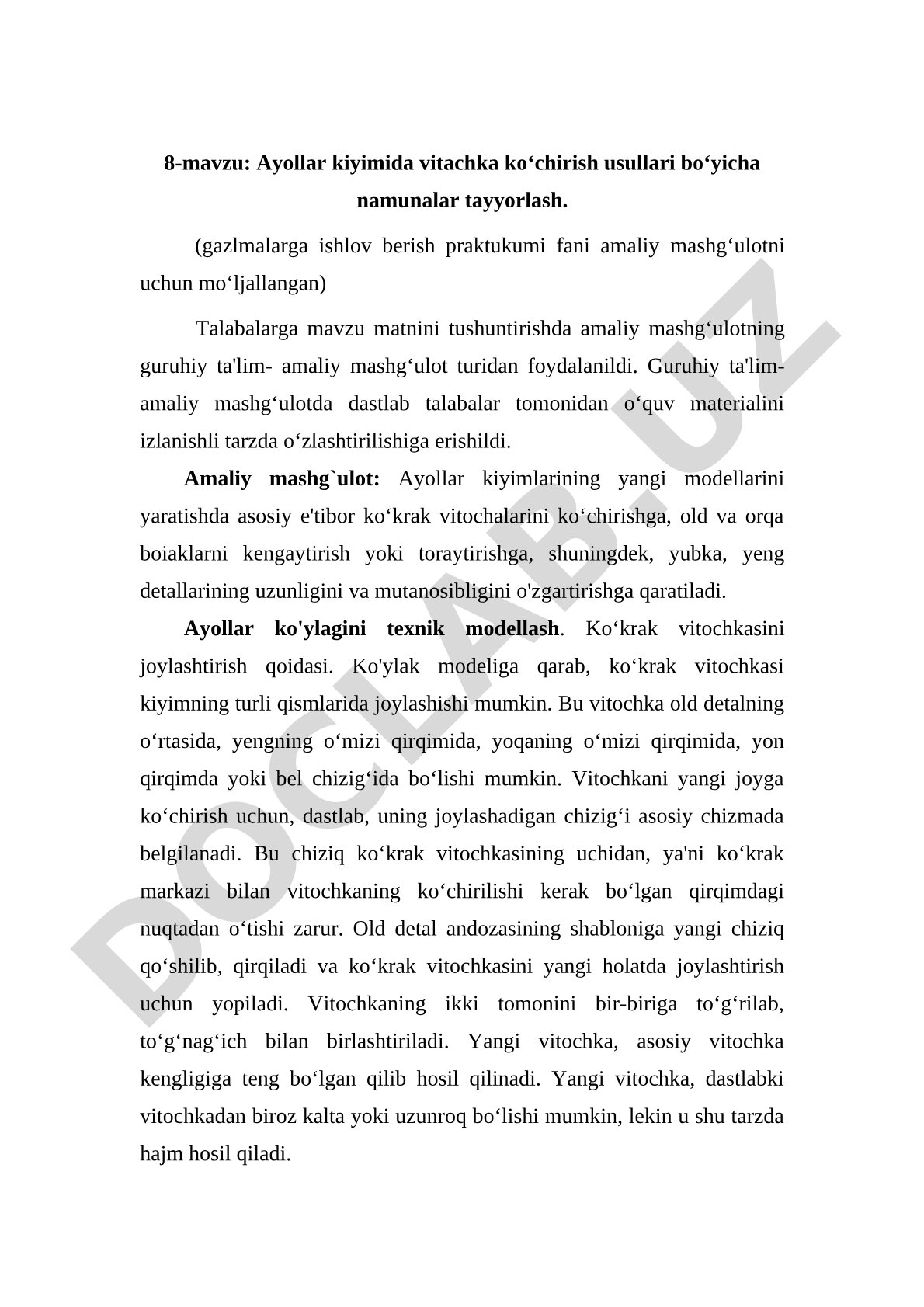 Ayollar kiyimida vitachka ko‘chirish usullari bo‘yicha namunalar tayyorlash