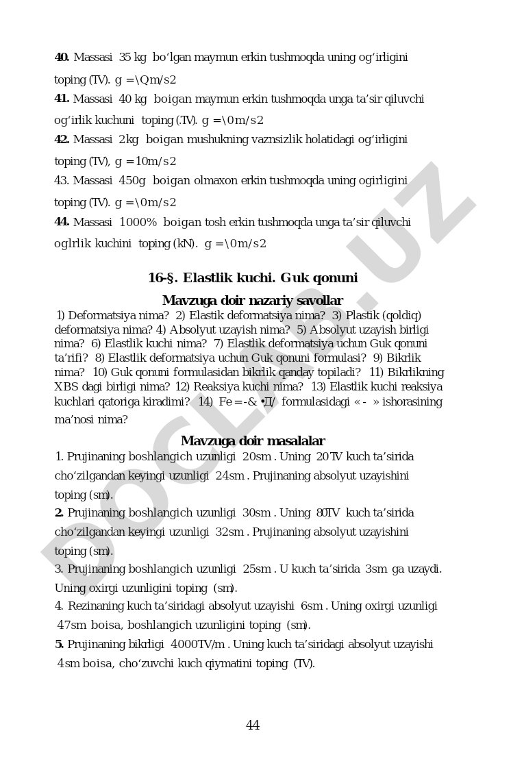 Og'irlik va elastlik kuchi bo'yicha masalalar