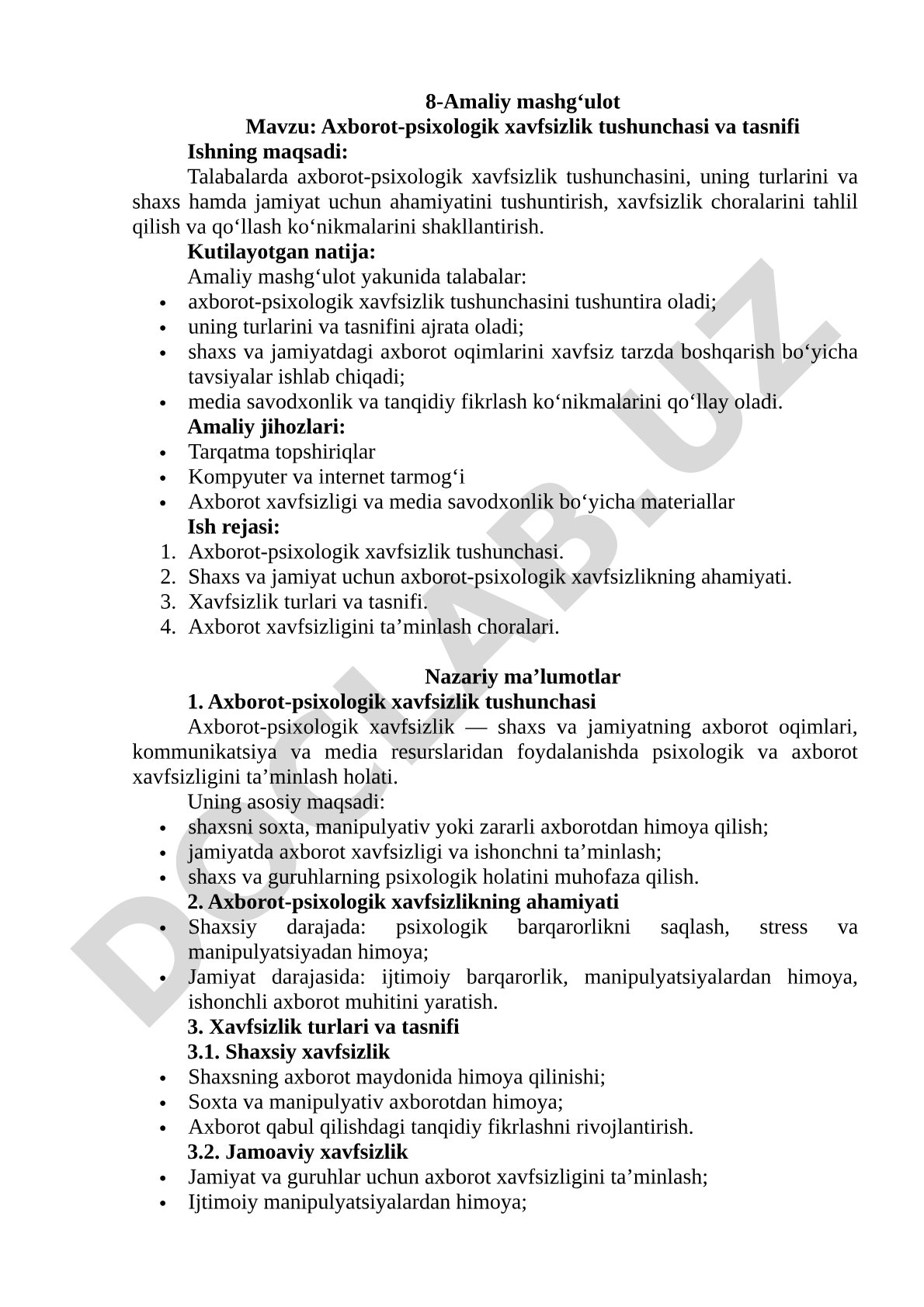 Axborot-psixologik xavfsizlik tushunchasi va tasnifi