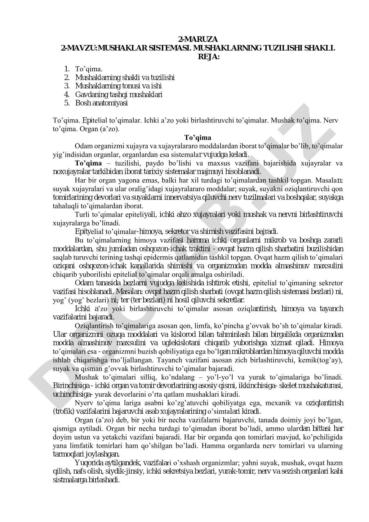 Mushaklar sistemasi. Mushaklarning tuzilishi shakli.
