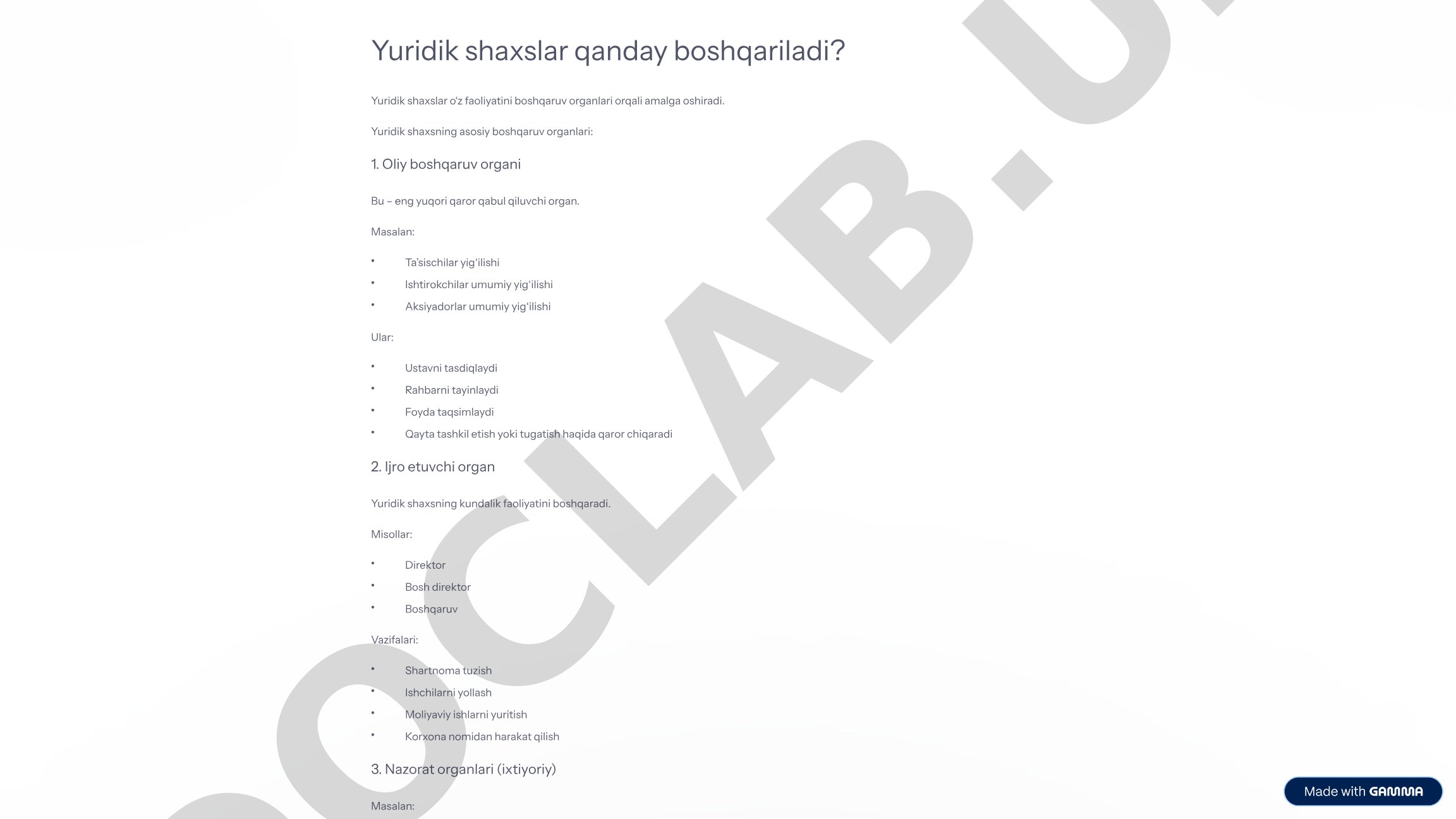 Yuridik shaxslarni boshqarish va tashkil etish