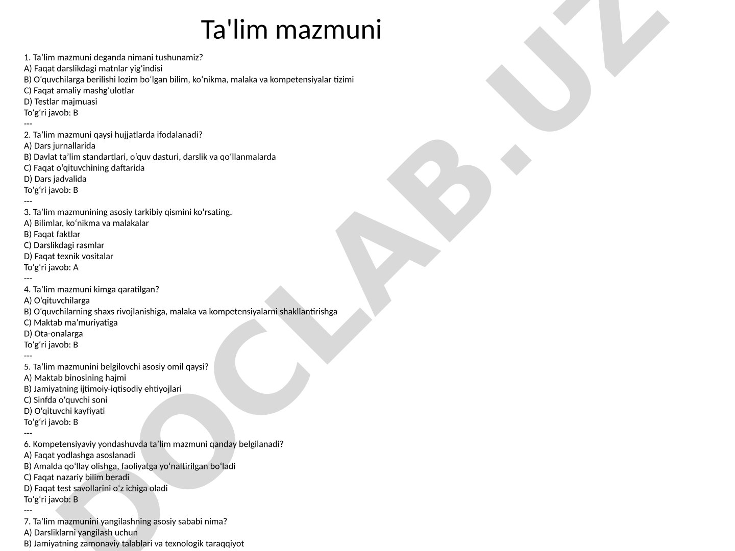 Ta'lim mazmuni tushunchasi va tarkibiy qismlari