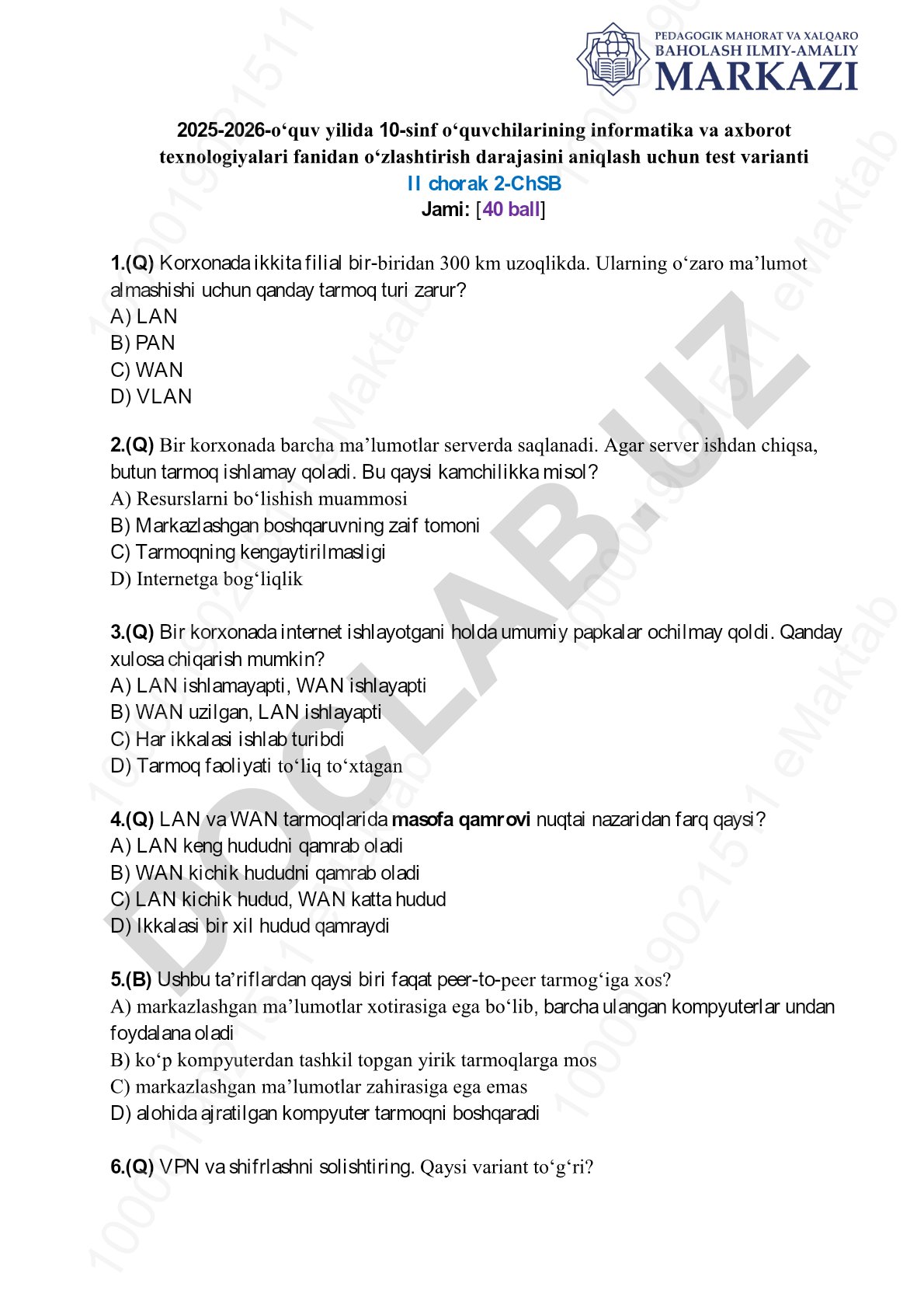 Informatika va axborot texnologiyalari fanidan 10-sinf o'quvchilari uchun test variantlari