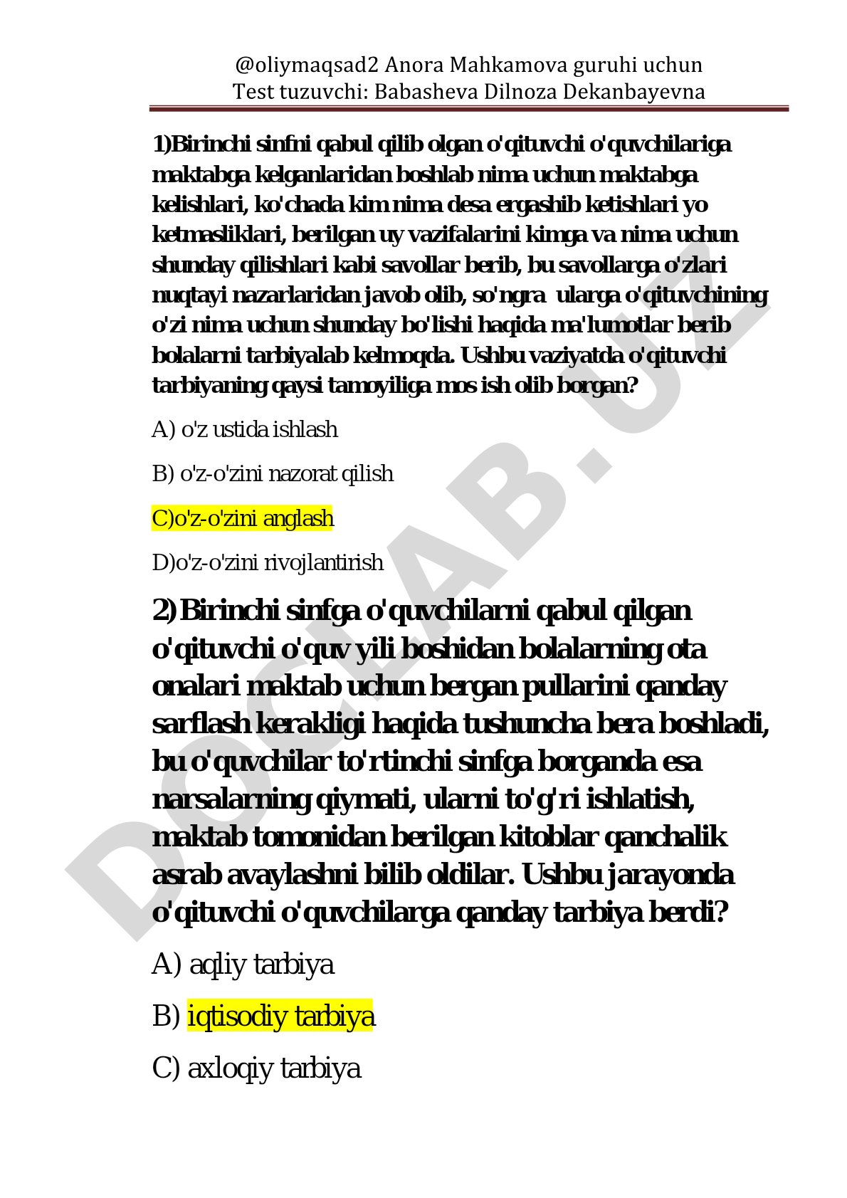 Test savollari: o'qituvchi tarbiya tamoyillari