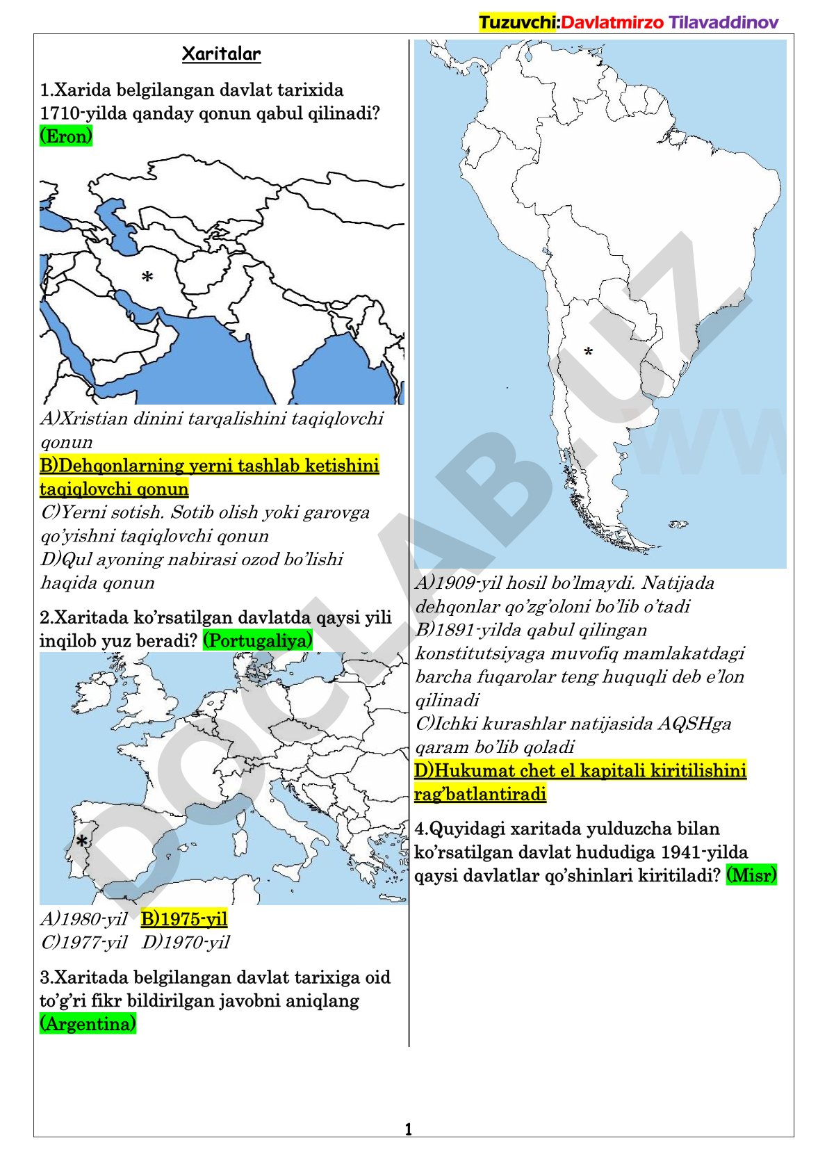 Tarix fanidan xarita asosidagi test savollari