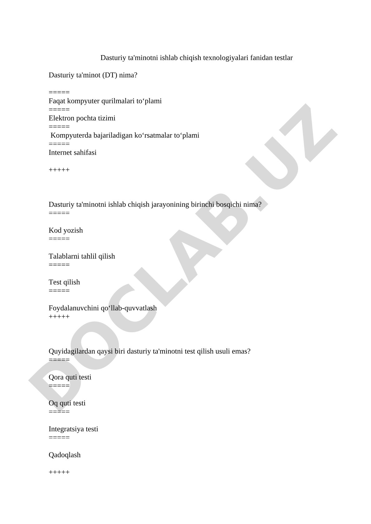 Dasturiy ta'minotni ishlab chiqish texnologiyalari fanidan testlar