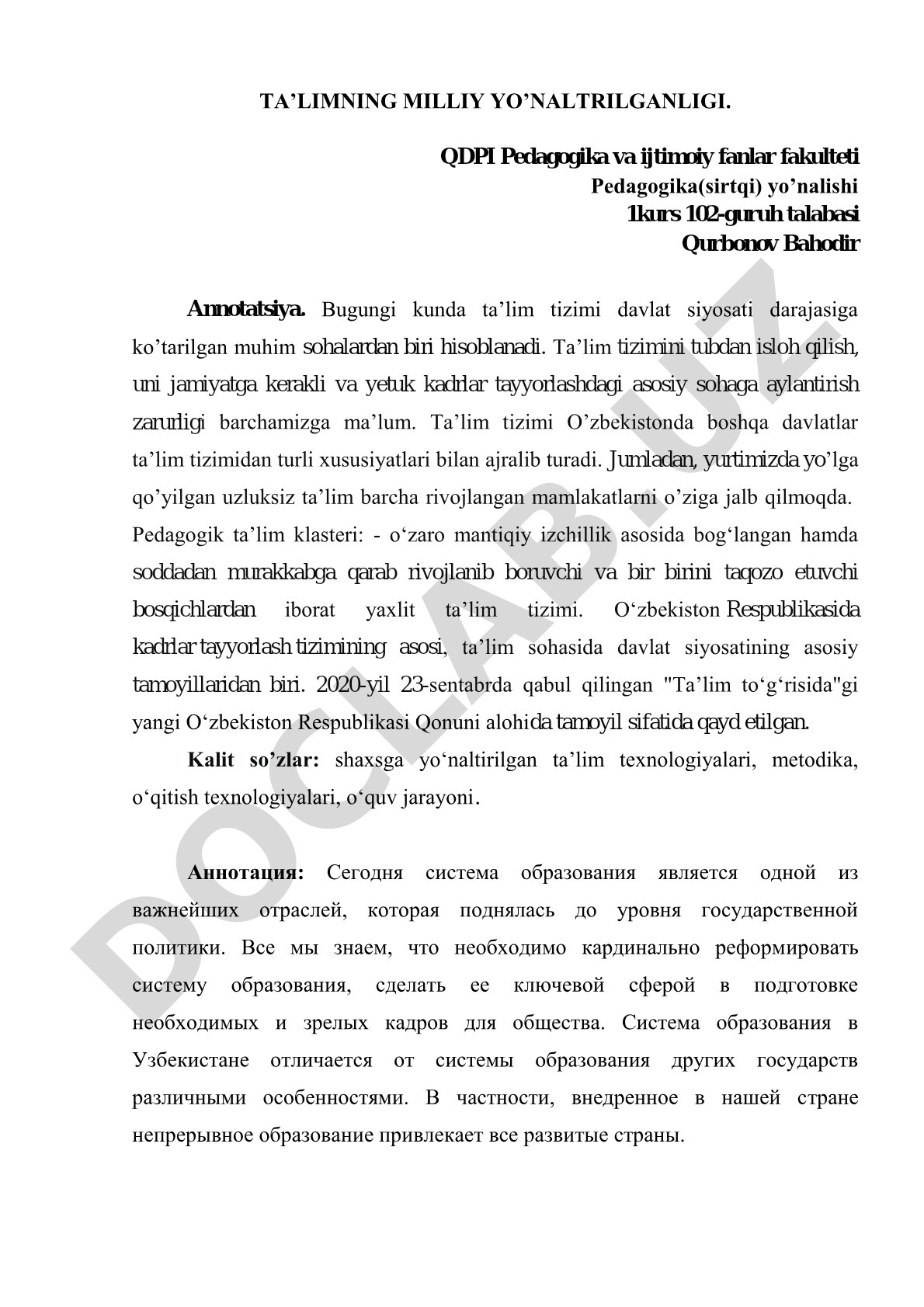 TA’LIMNING MILLIY YO’NALTRILGANLIGI