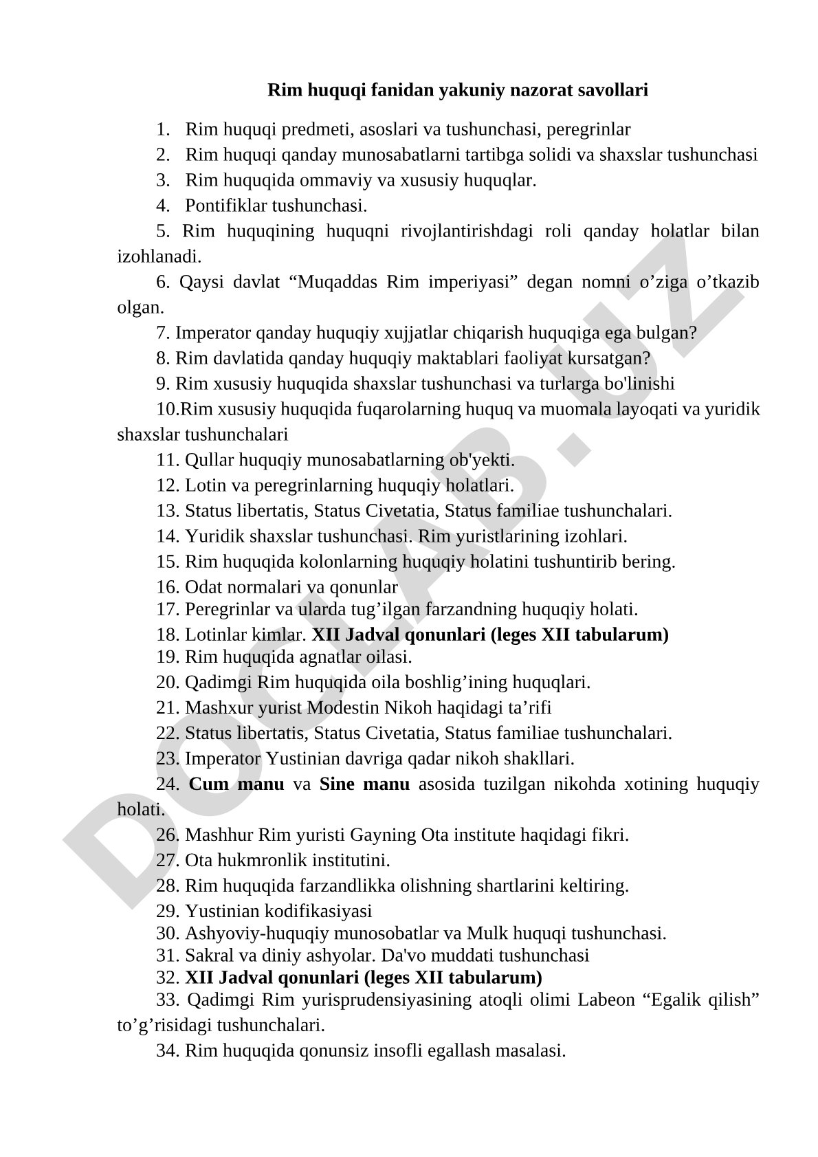 Rim huquqi fanidan yakuniy nazorat savollari