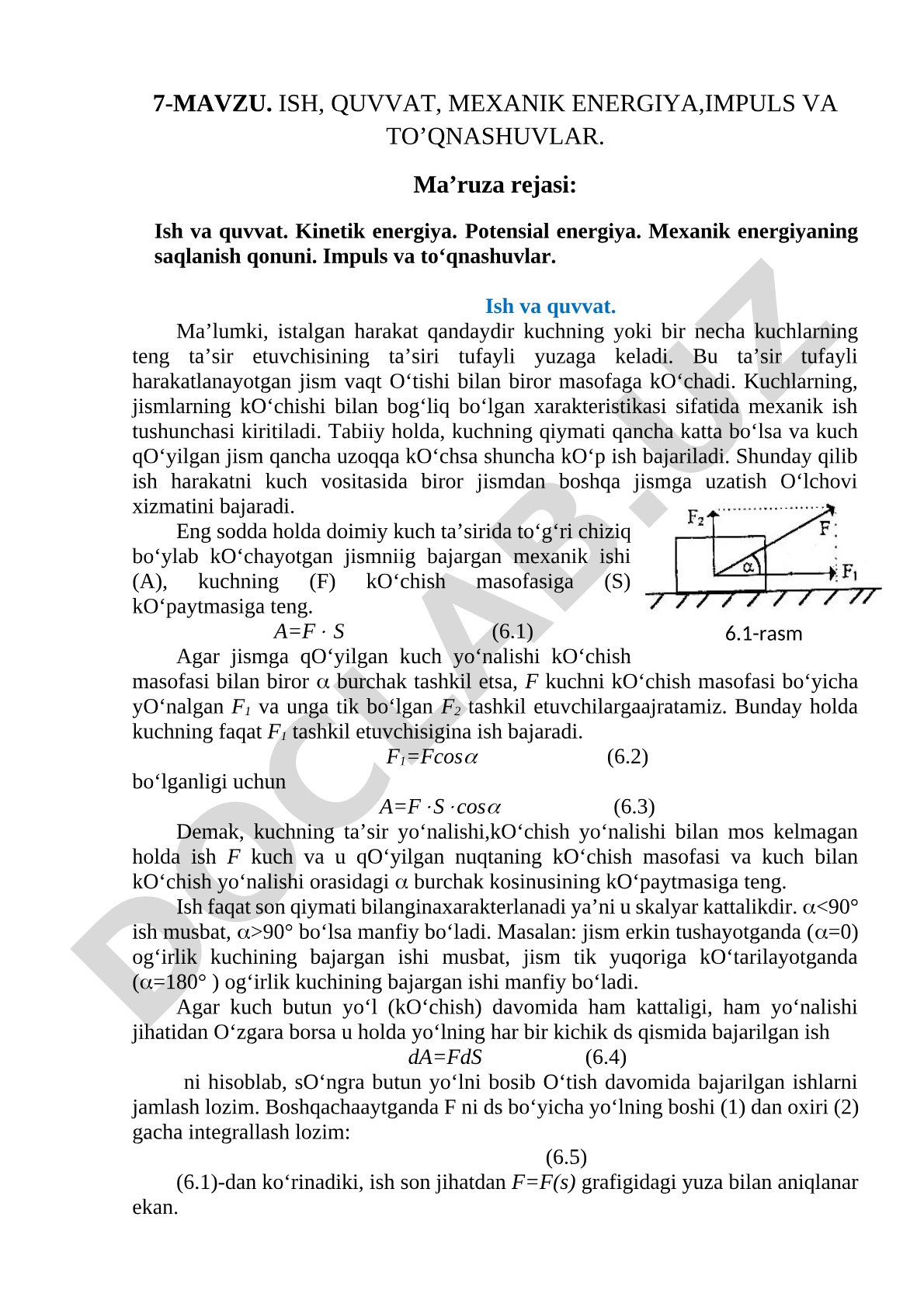 Ish, quvvat, mexanik energiya, impuls va to’qnashuvlar