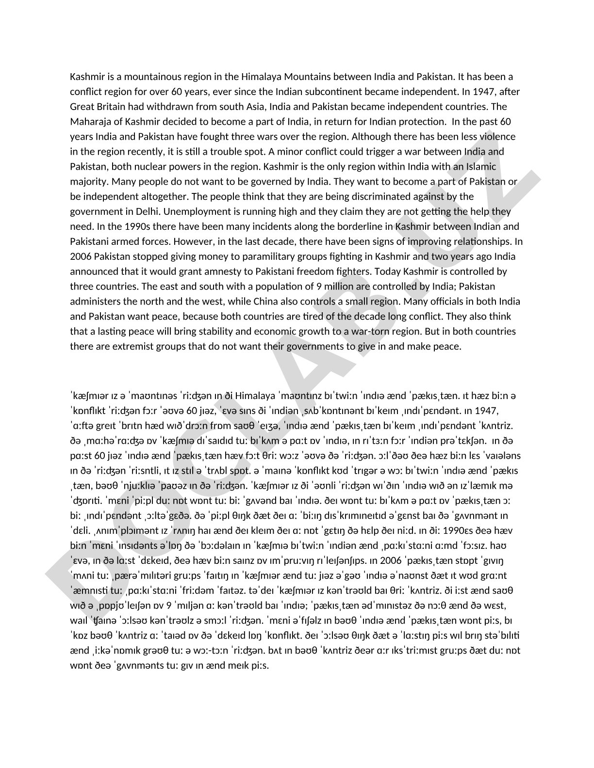 The document discusses the historical and current conflict over Kashmir between India and
