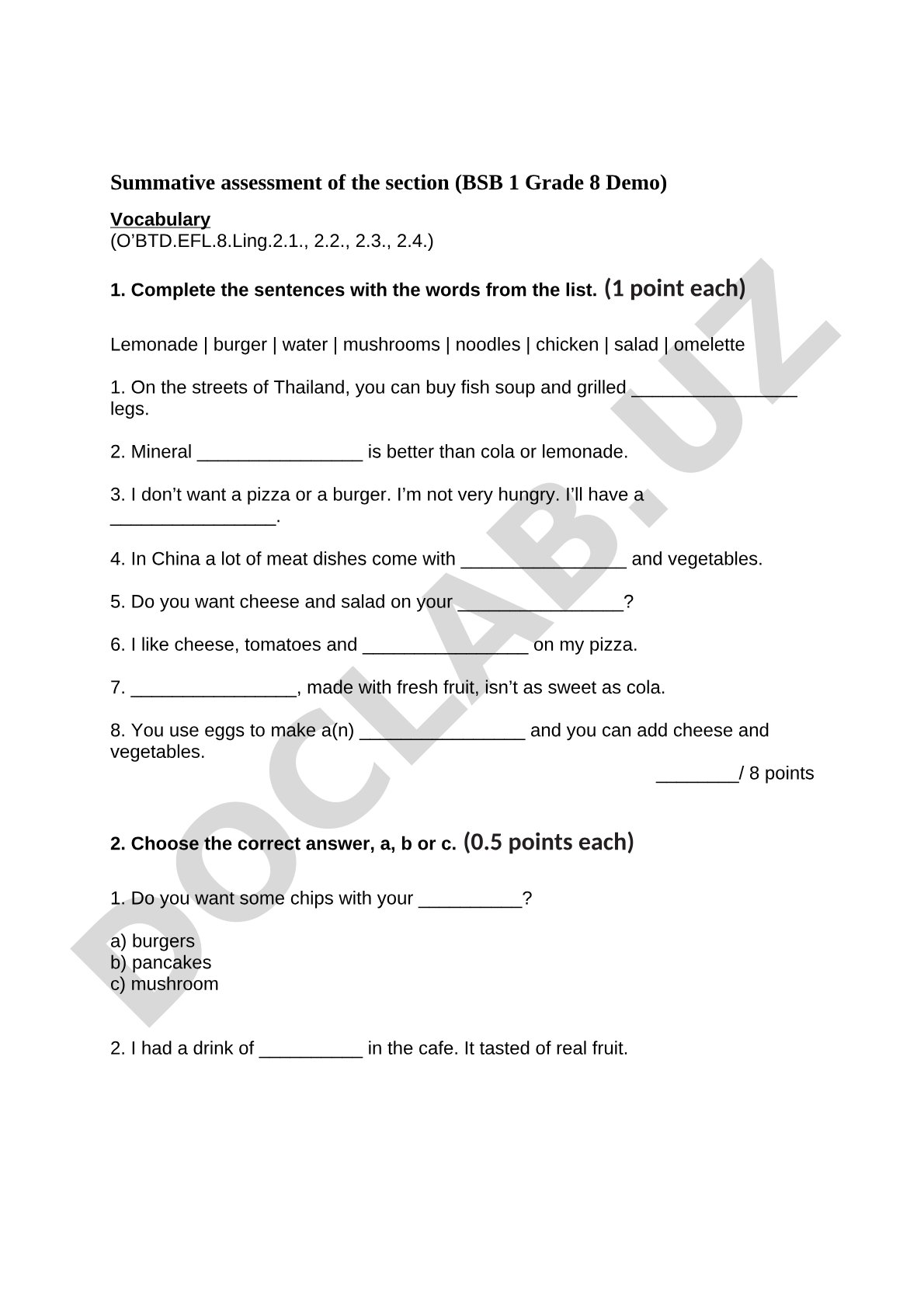 Food and Drink Vocabulary Exercises