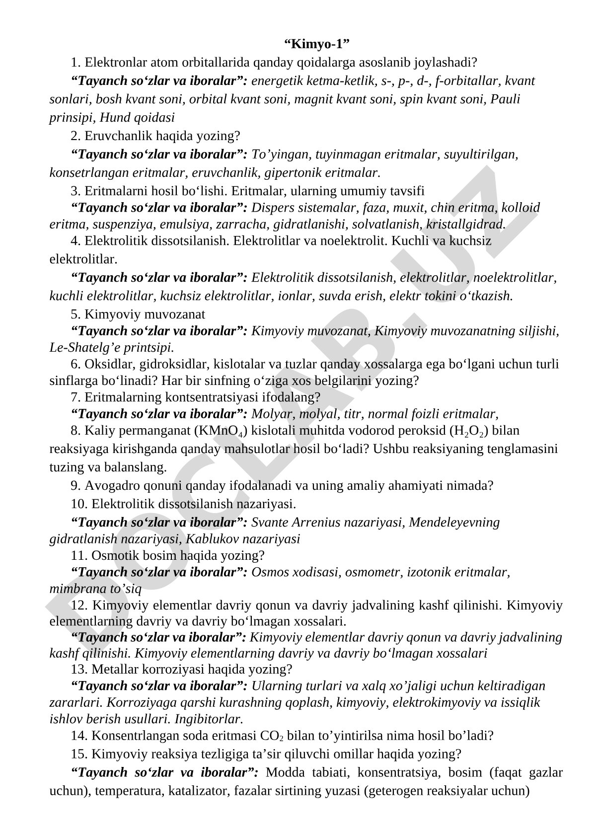 Kimyo-1: atom tuzilishi, eritmalar, elektrolitlar va kimyoviy muvozanat