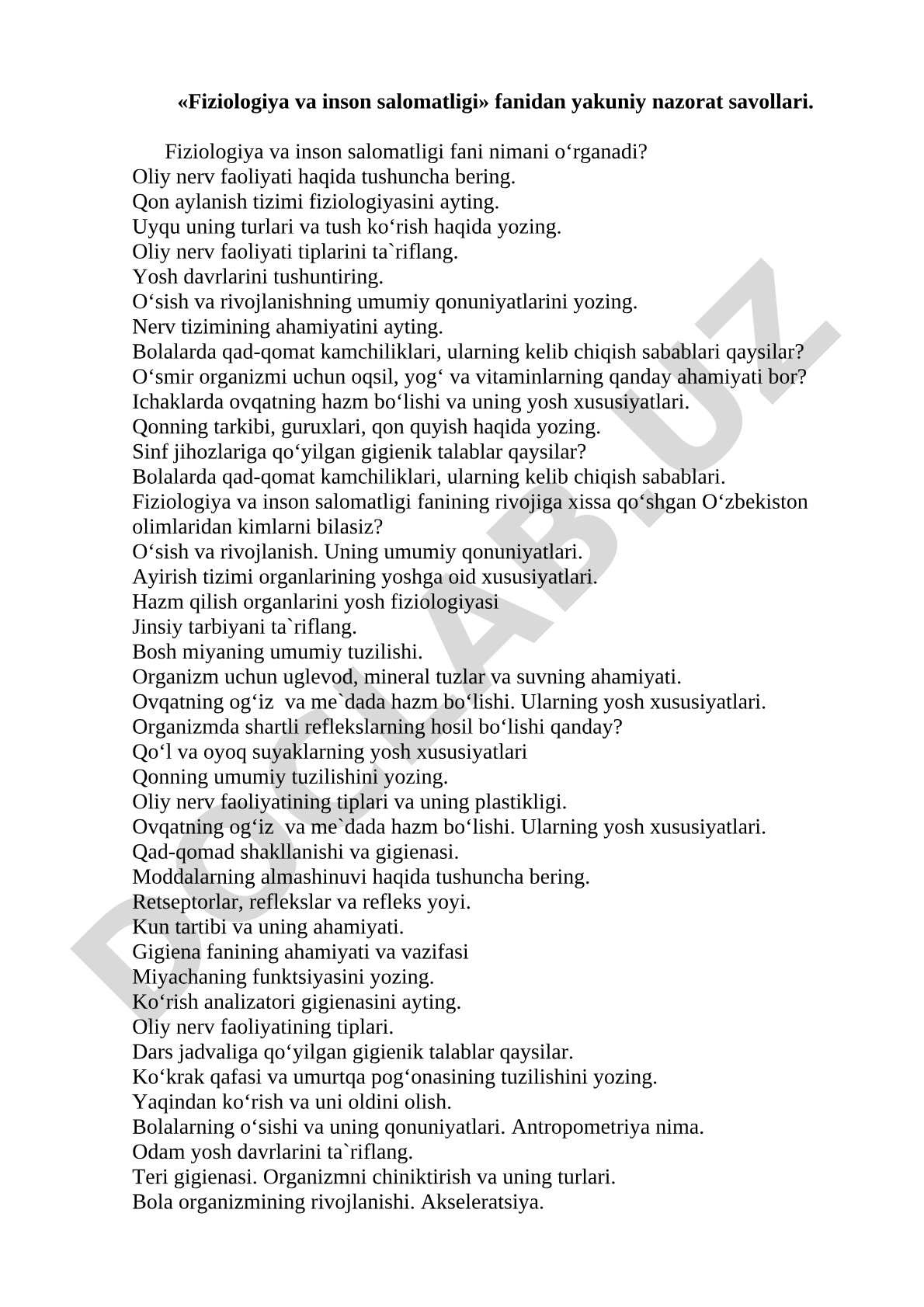 Fiziologiya va inson salomatligi fanidan yakuniy nazorat savollari