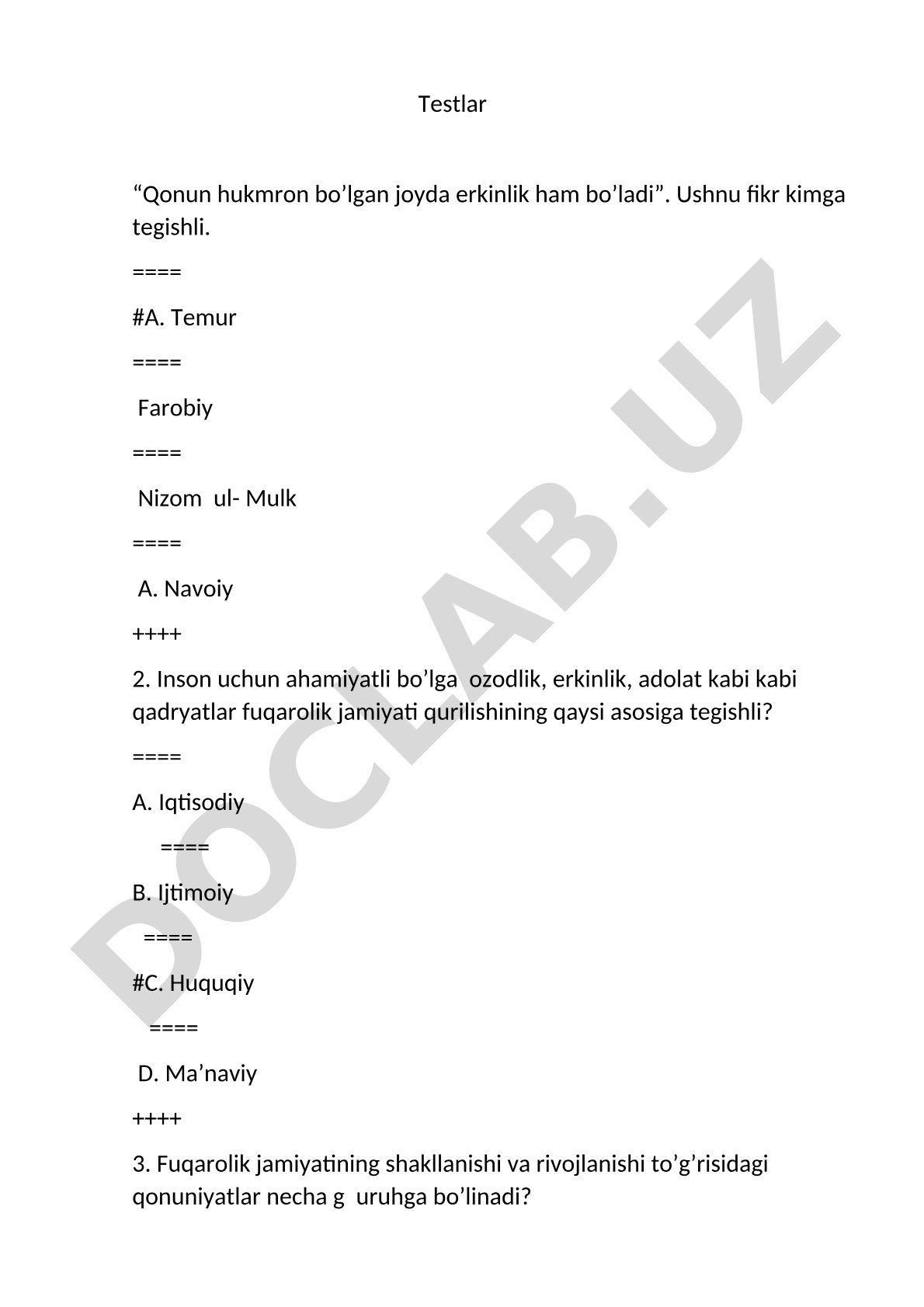 Testlar: Fuqarolik jamiyati va qonun hukmronligi