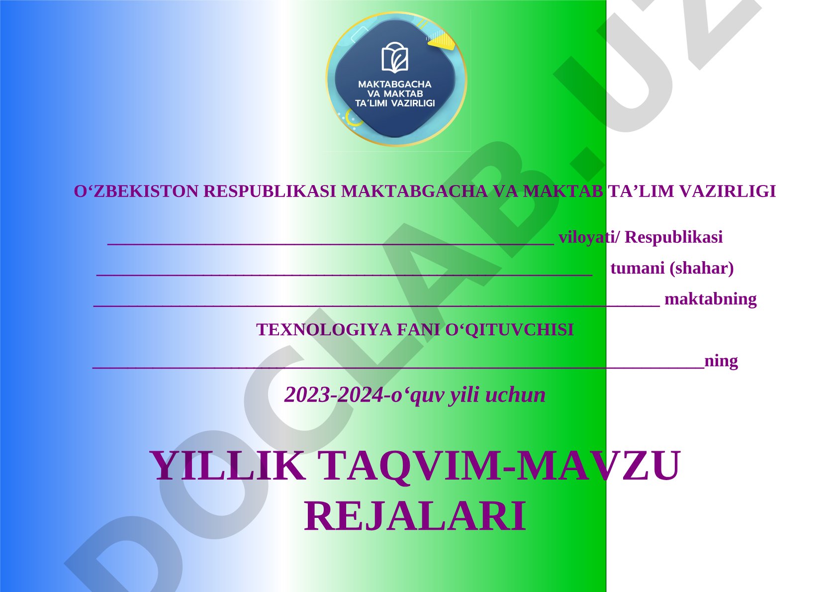 5-sinf texnologiya fanidan o'g'il bolalar uchun 2023-2024 yillik taqvim-mavzu rejasi
