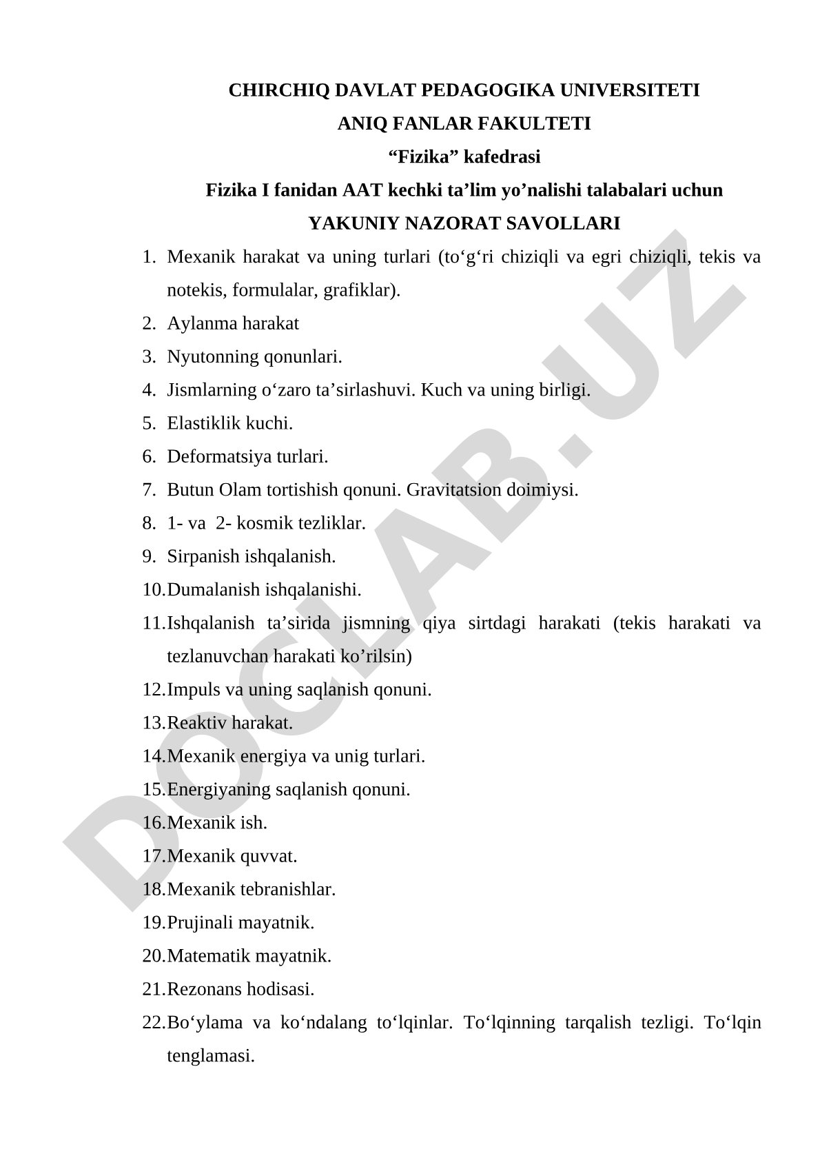 Fizika I fanidan yakuniy nazorat savollari