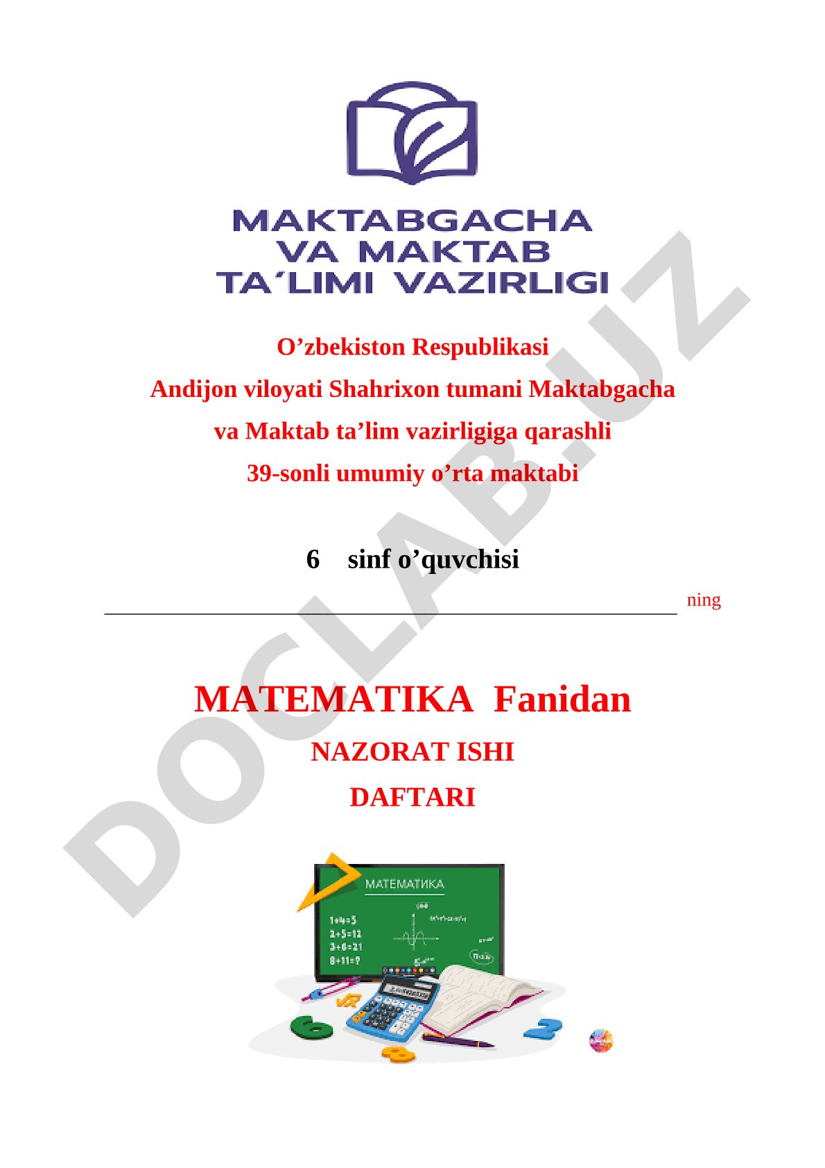 Matematika fanidan nazorat ishi daftari