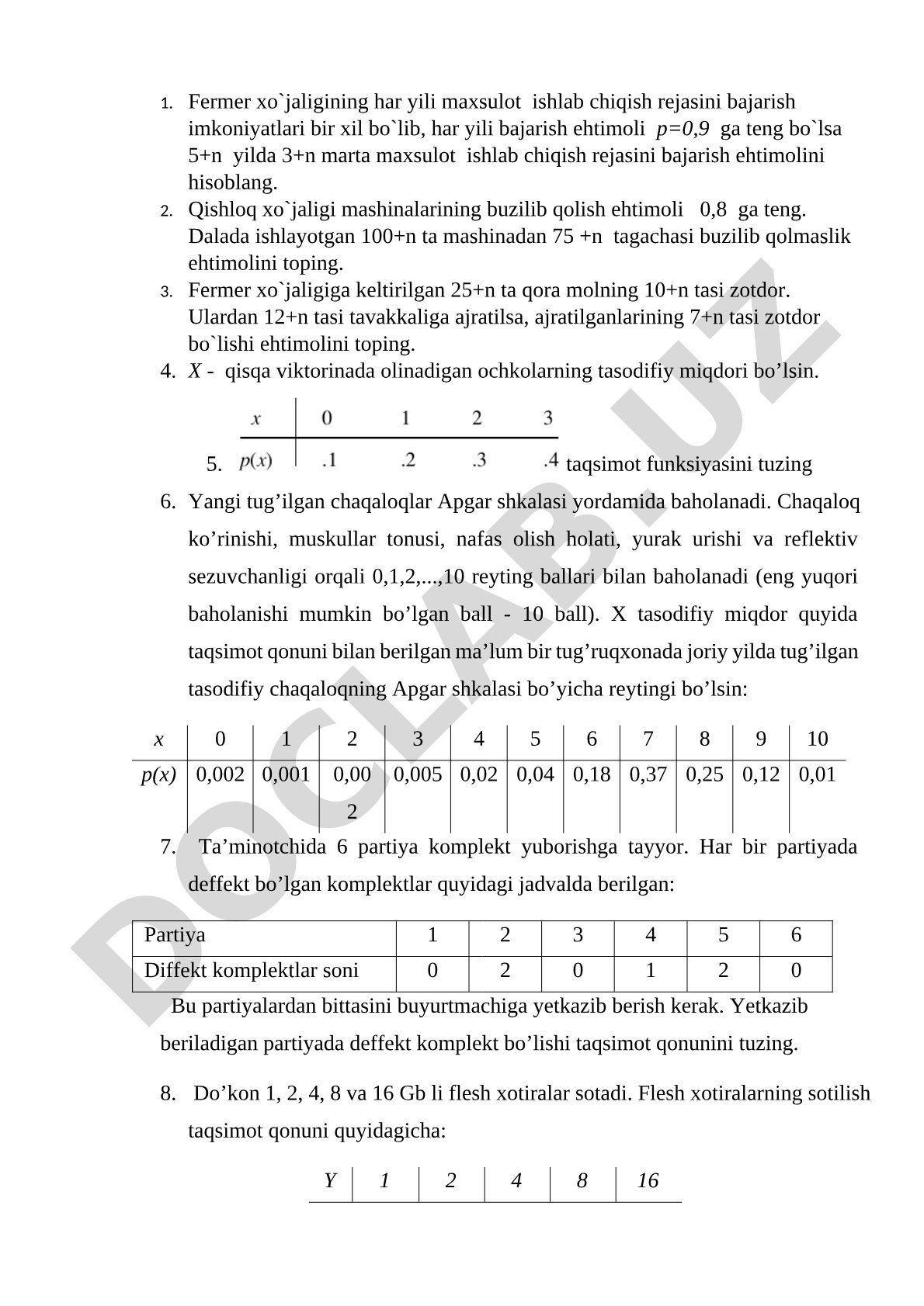 Ehtimollik va tasodifiy miqdor masalalari