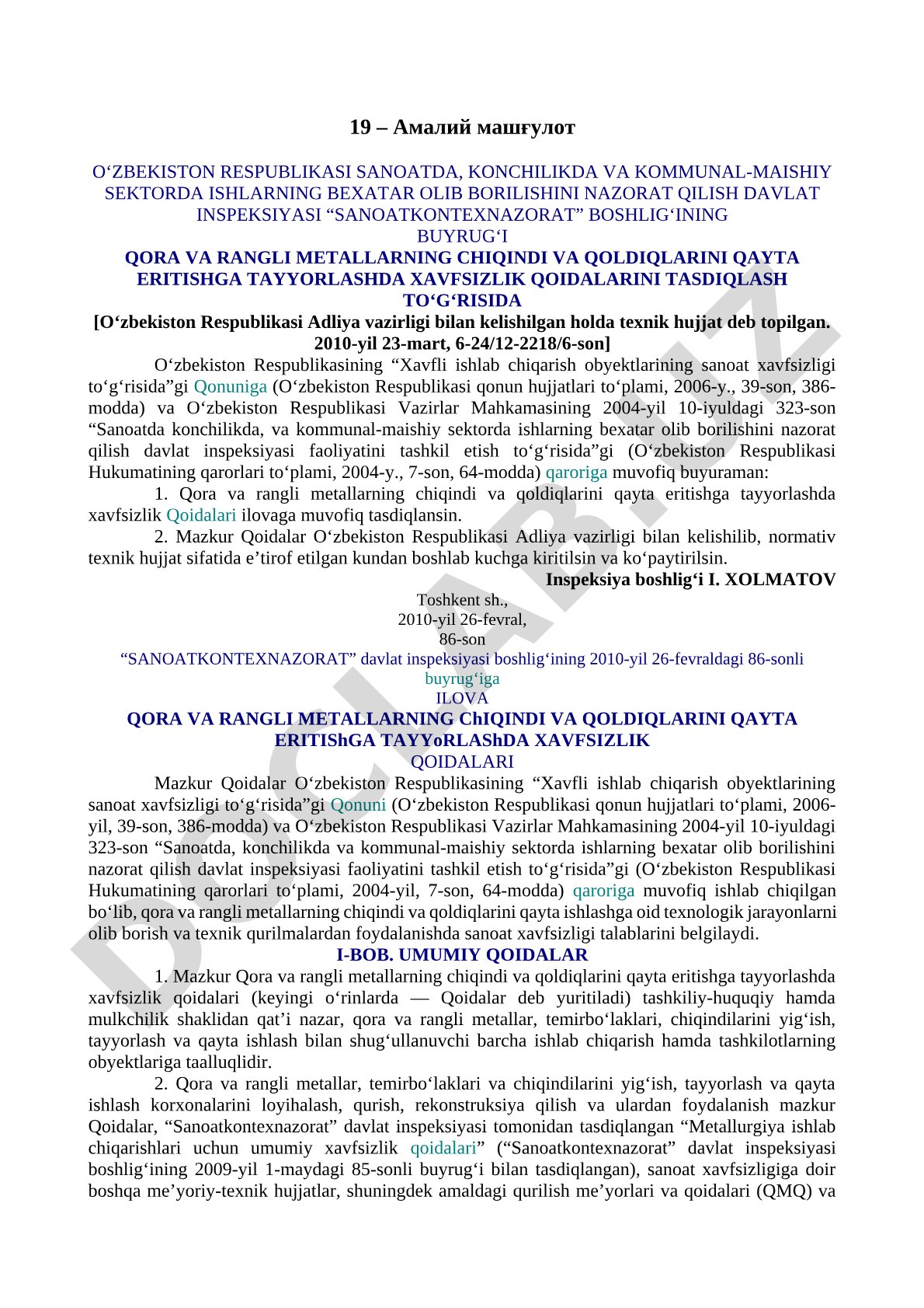 Qora va rangli metallarning chiqindi va qoldiqlarini qayta eritishga tayyorlashda xavfsizlik qoidalari