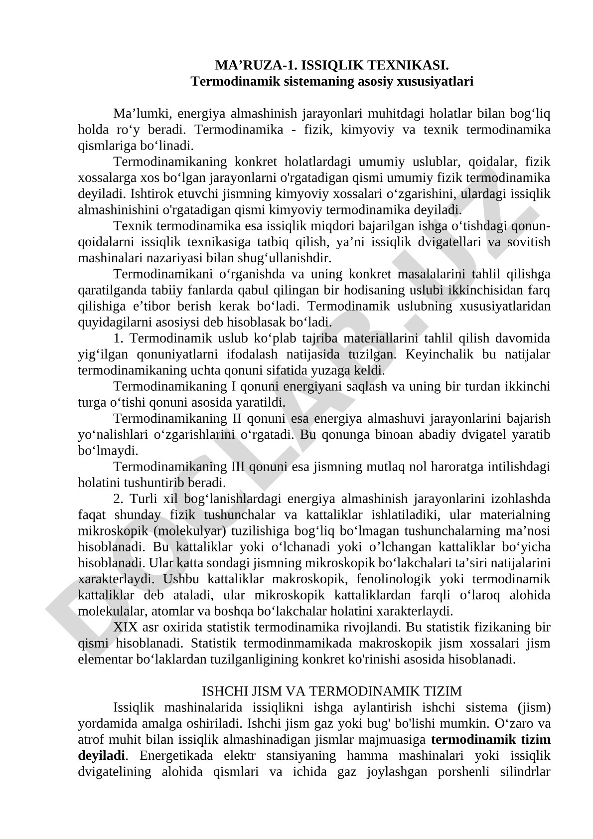 ISSIQLIK TEXNIKASI. Termodinamik sistemaning asosiy xususiyatlari