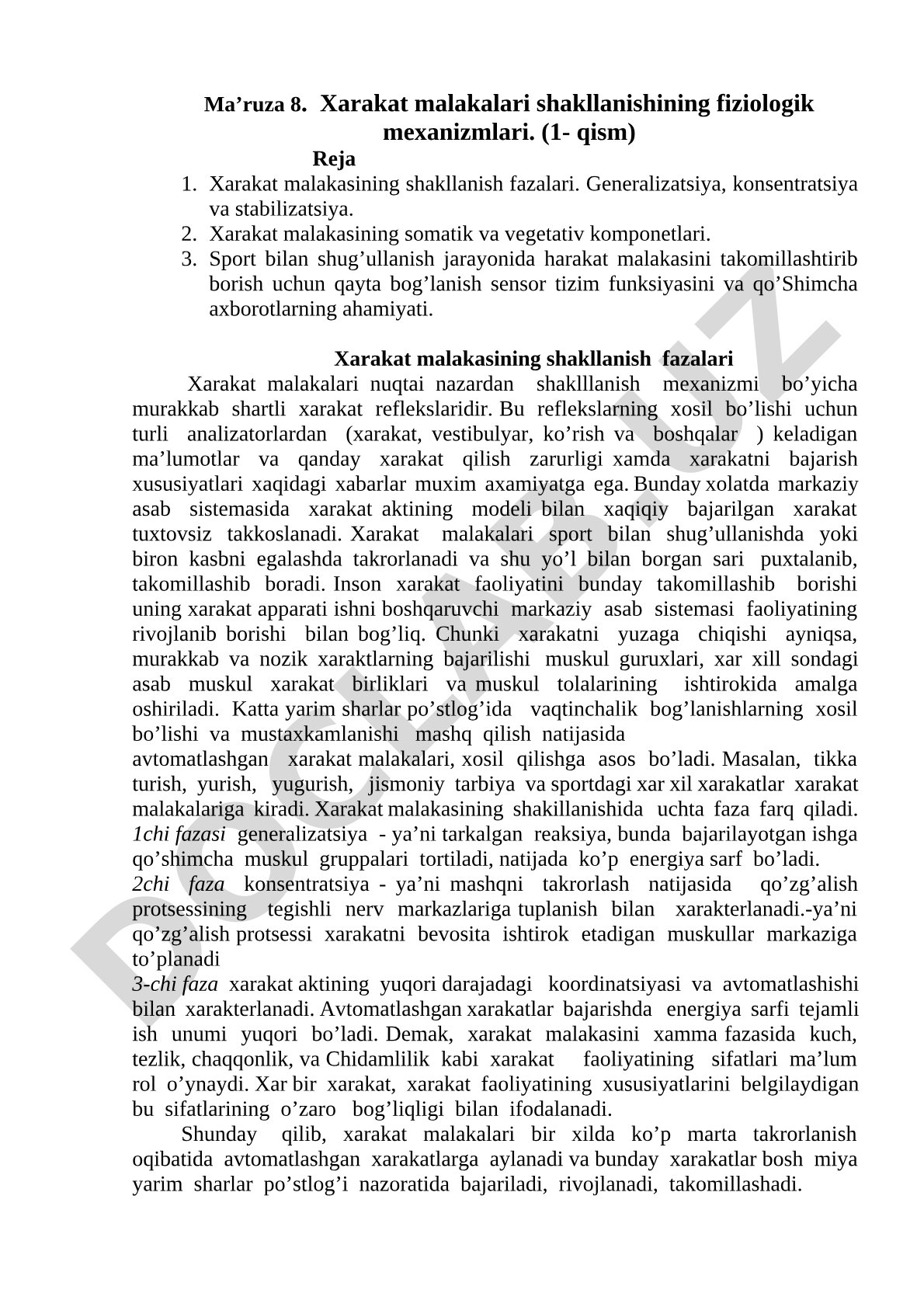 Xarakat malakalari shakllanishining fiziologik mexanizmlari