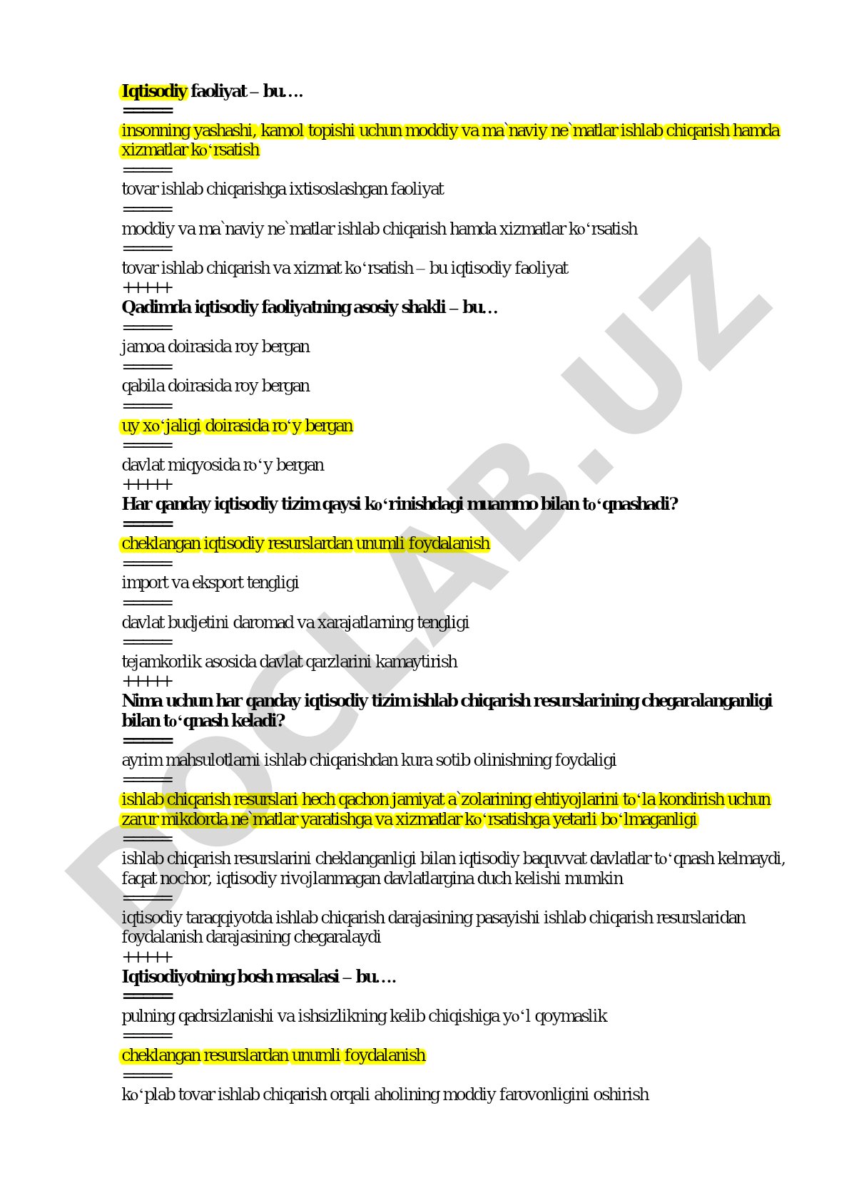 Iqtisodiy faoliyat va iqtisodiy tizim muammolari