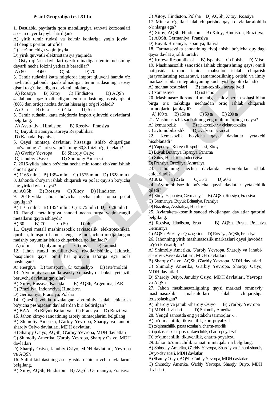 9-sinf Geografiya qora metallurgiya test savollari