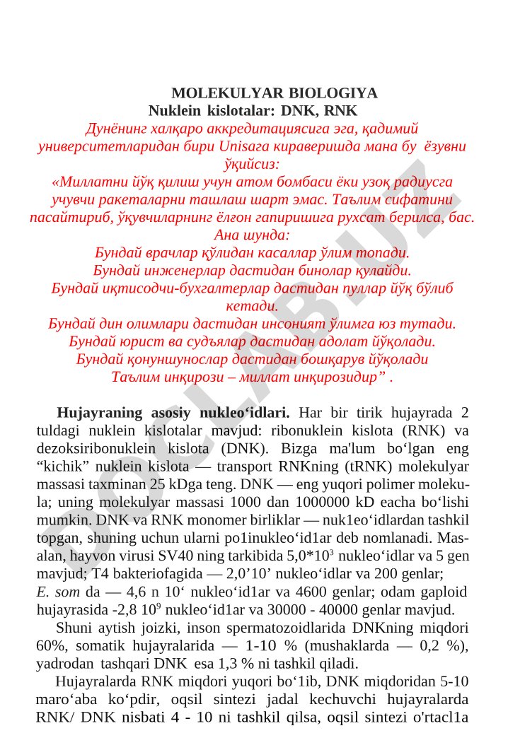 Molekulyar biologiya: nuklein kislotalar DNK va RNK